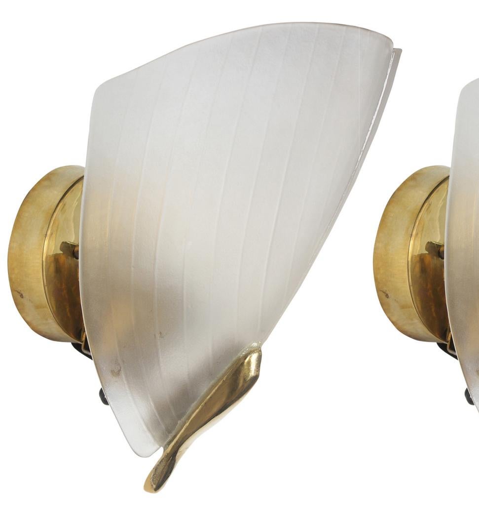 European Pair of Art Deco Frosted Glass and Brass Wall Sconces