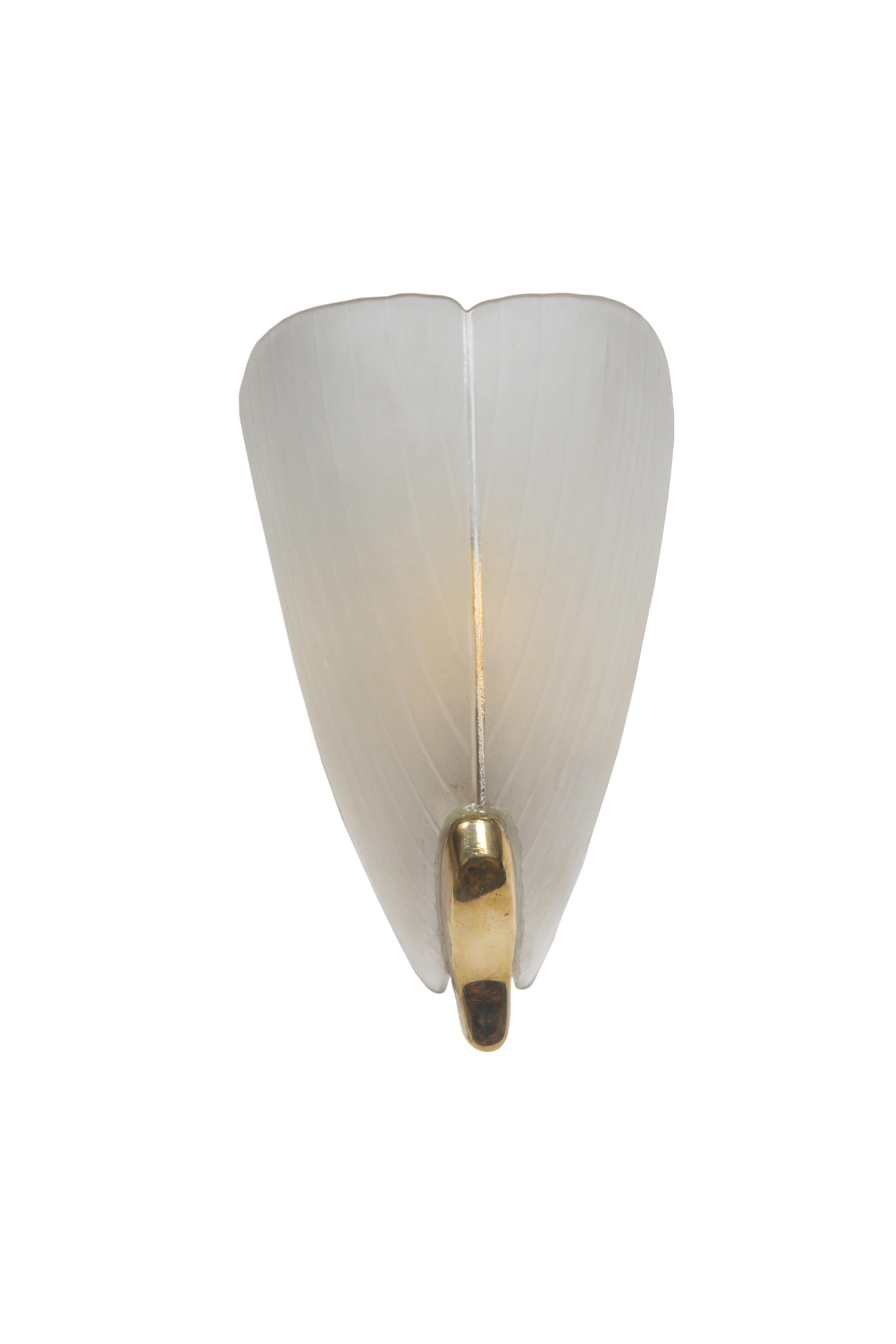 Pair of Art Deco Frosted Glass and Brass Wall Sconces In Good Condition In Nantucket, MA