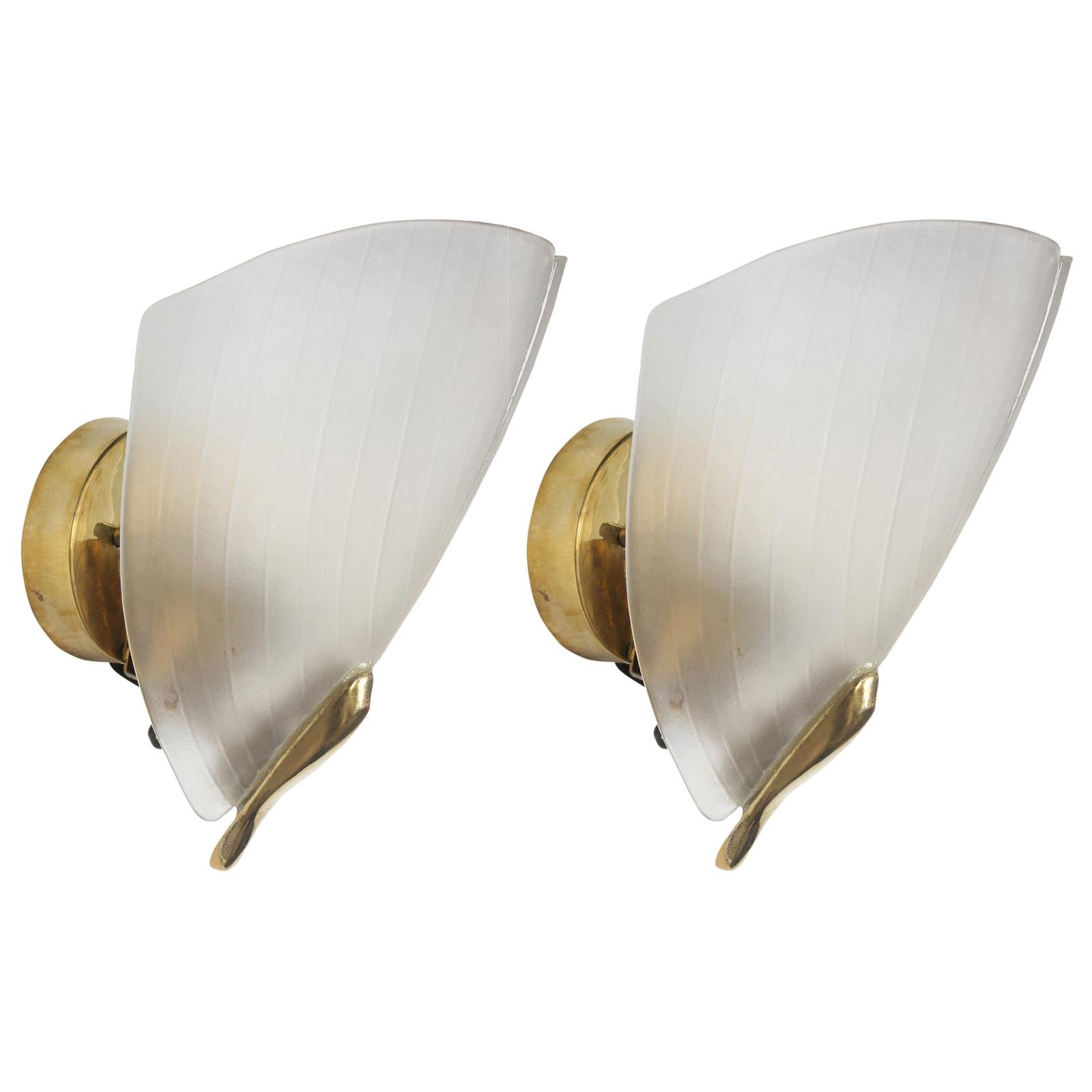 Pair of Art Deco Frosted Glass and Brass Wall Sconces