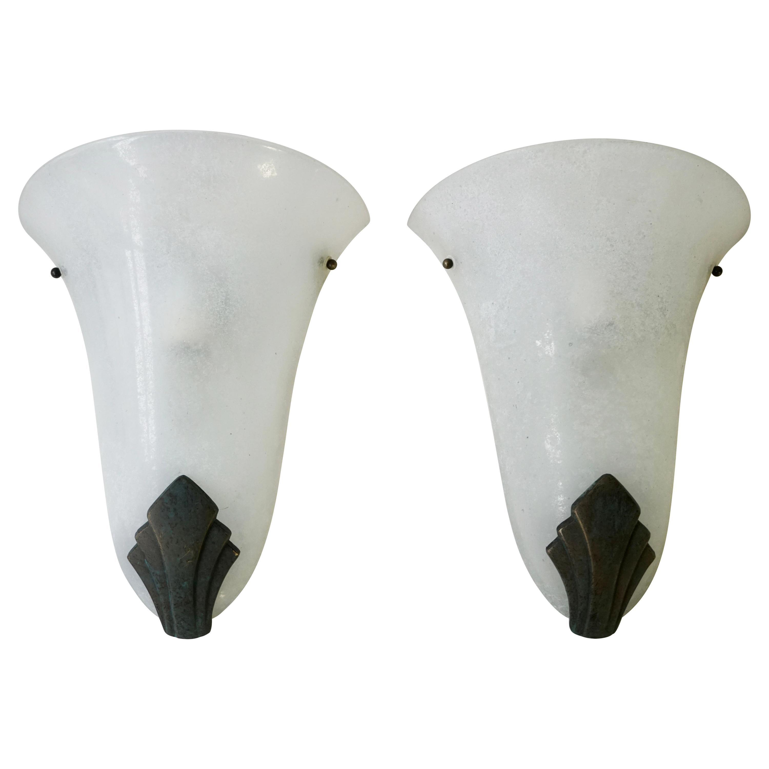 Pair of Art Deco Frosted Glass and Bronze Wall Lights Sconces