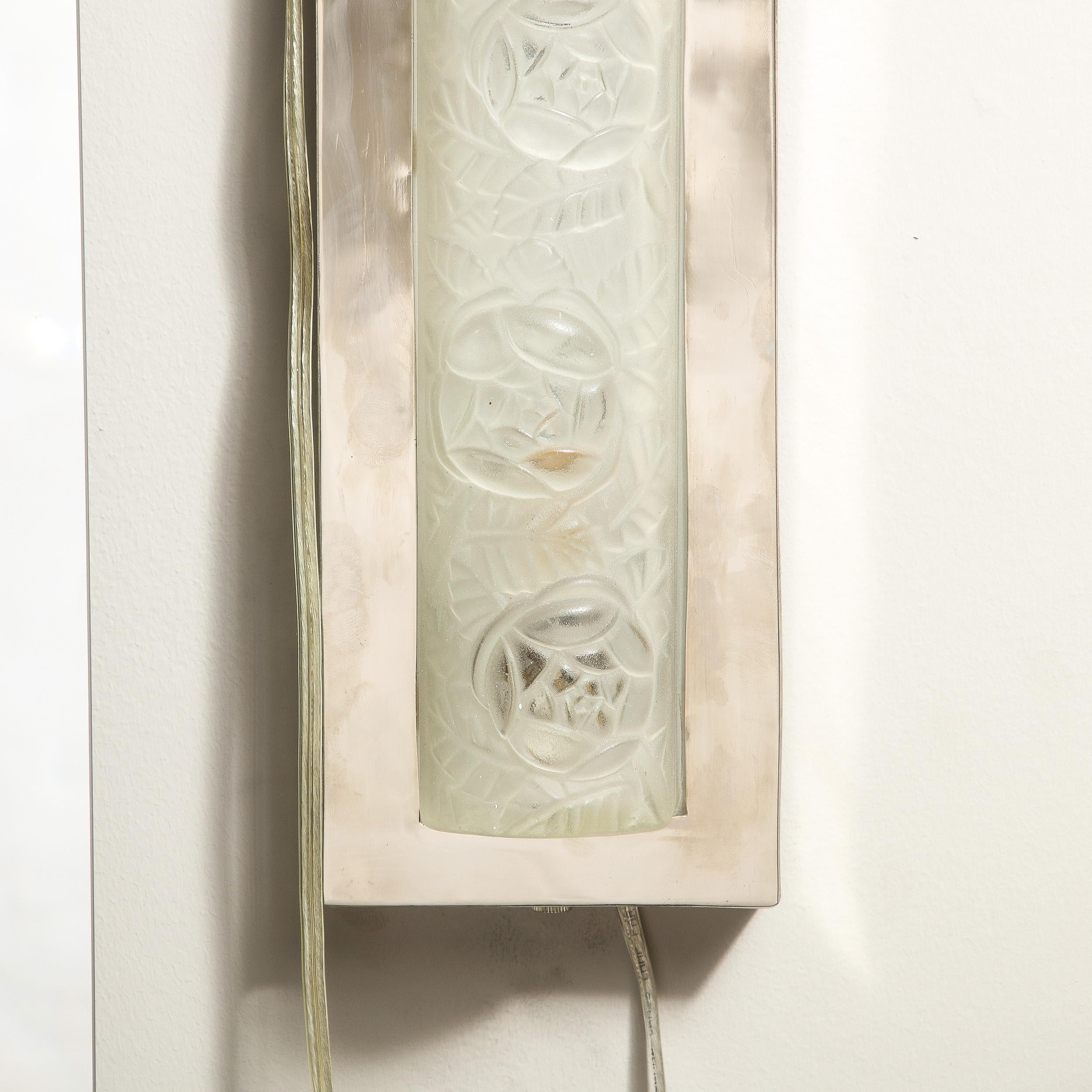 Pair of Art Deco Frosted Glass & Chrome Rectangular Sconces w/ Rose Motifs For Sale 7