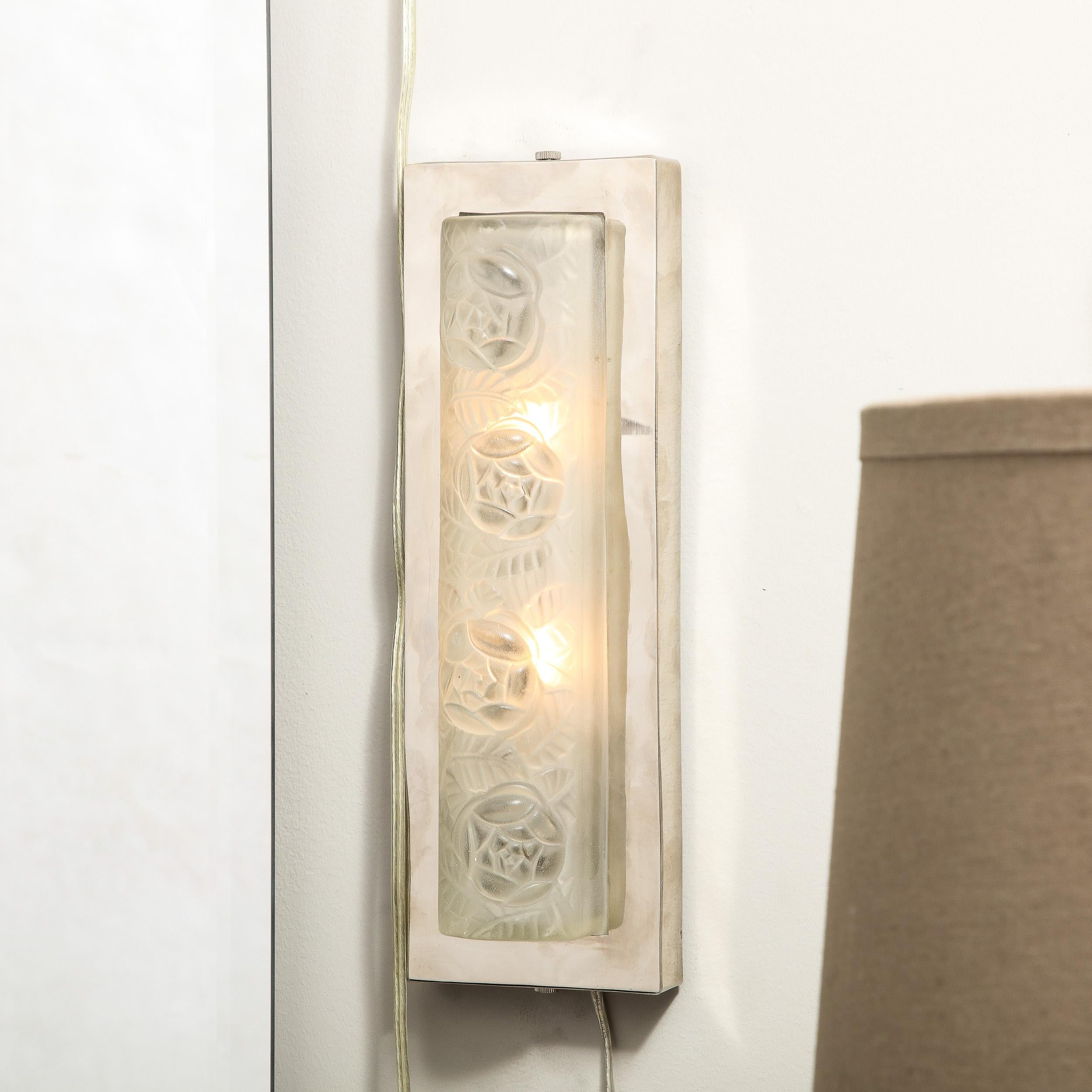 French Pair of Art Deco Frosted Glass & Chrome Rectangular Sconces w/ Rose Motifs For Sale
