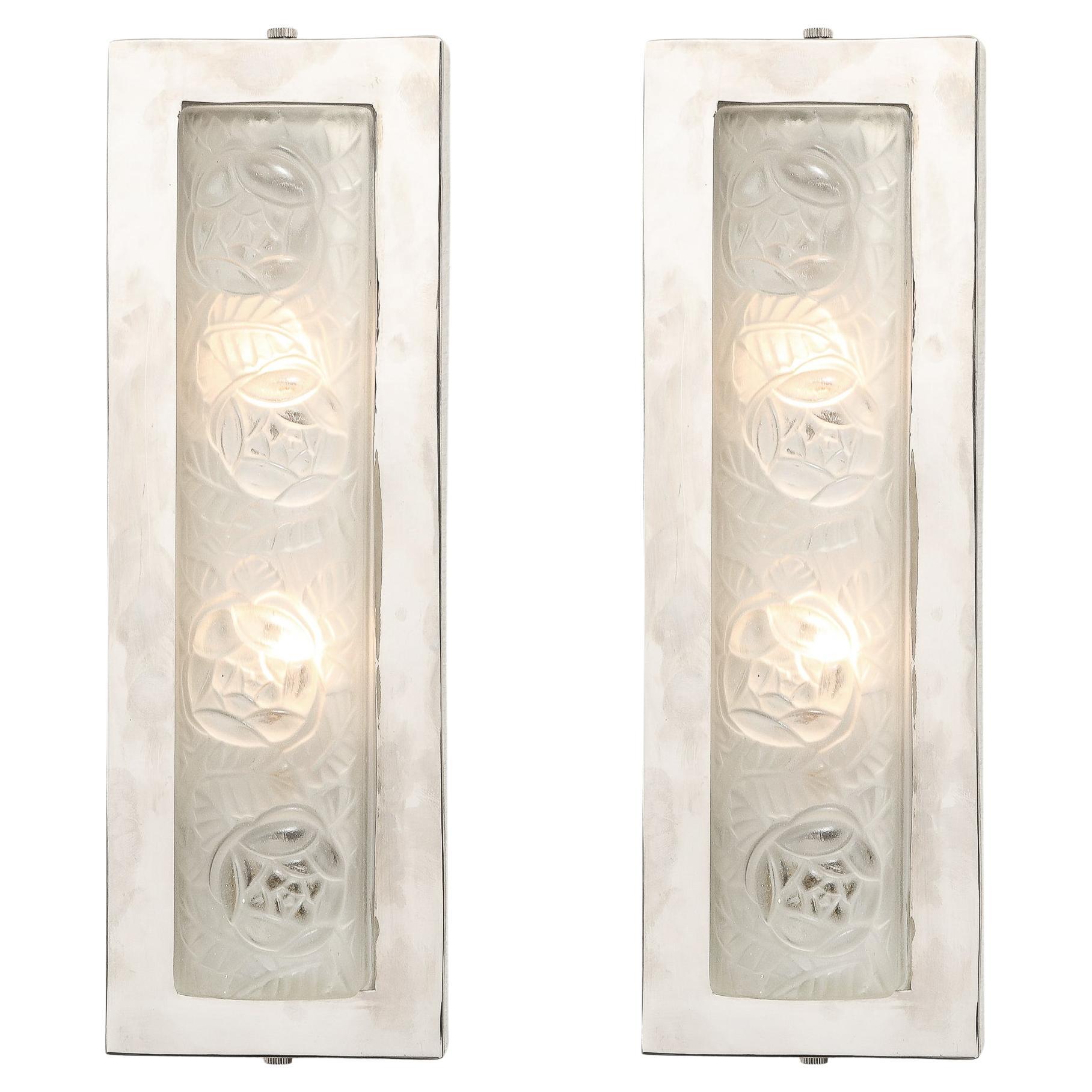 Pair of Art Deco Frosted Glass & Chrome Rectangular Sconces w/ Rose Motifs
