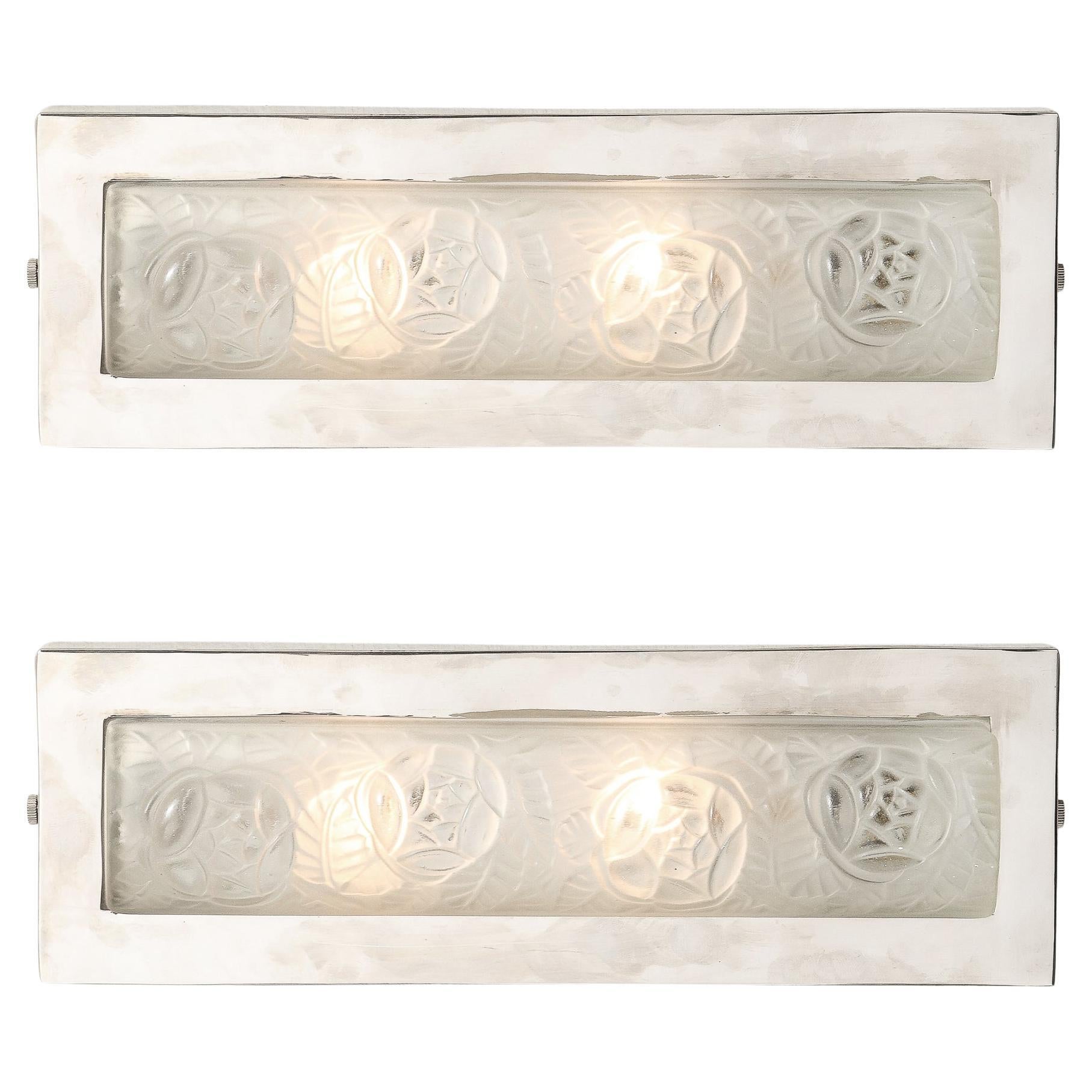 Pair of Art Deco Frosted Glass & Chrome Rectangular Vanity Lights W/ Rose Motifs For Sale