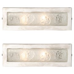 Pair of Art Deco Frosted Glass & Chrome Rectangular Vanity Lights W/ Rose Motifs