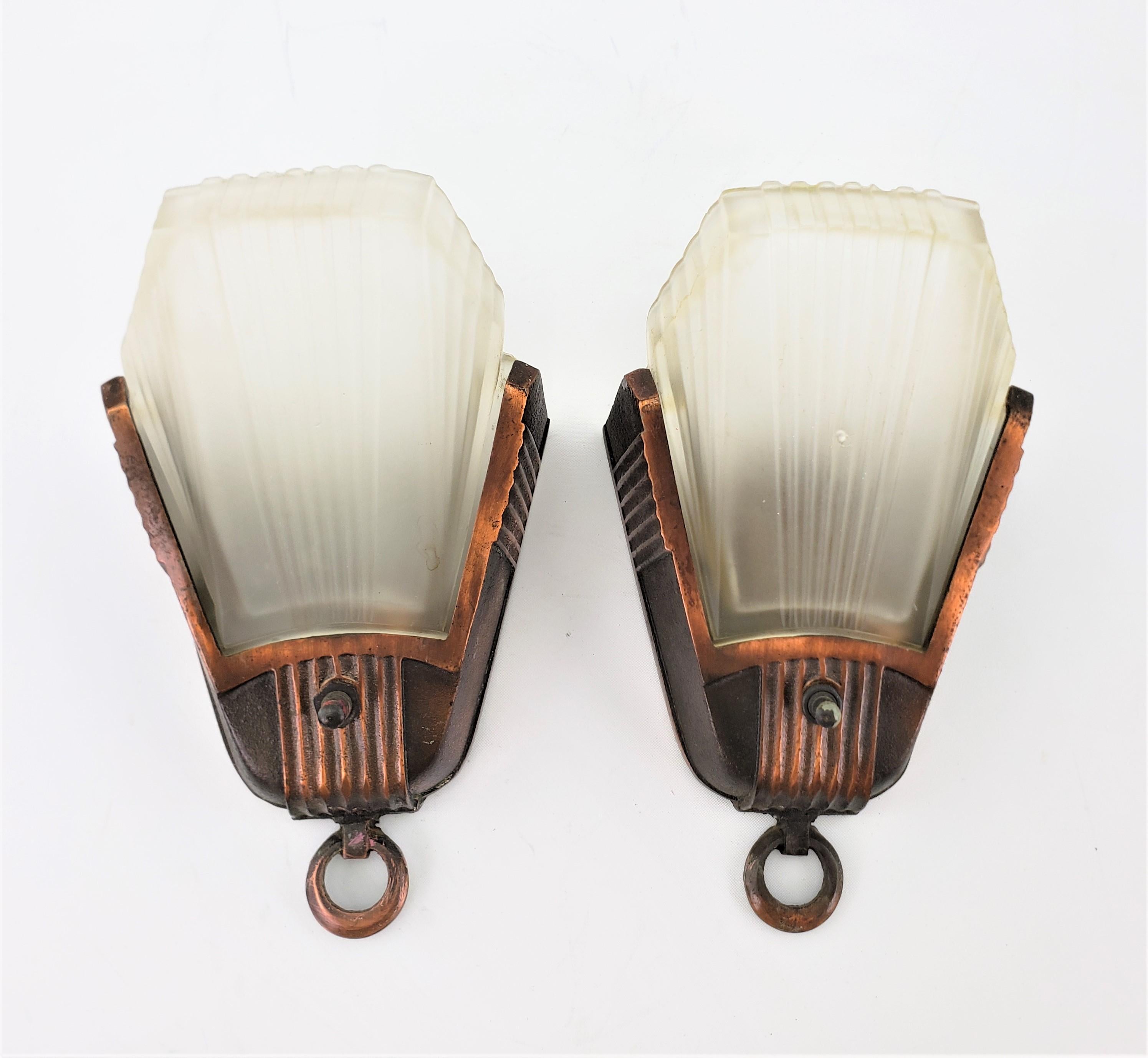 Pair of Art Deco Frosted Glass Fan Shaped Slip Shade Wall Sconces For Sale 2