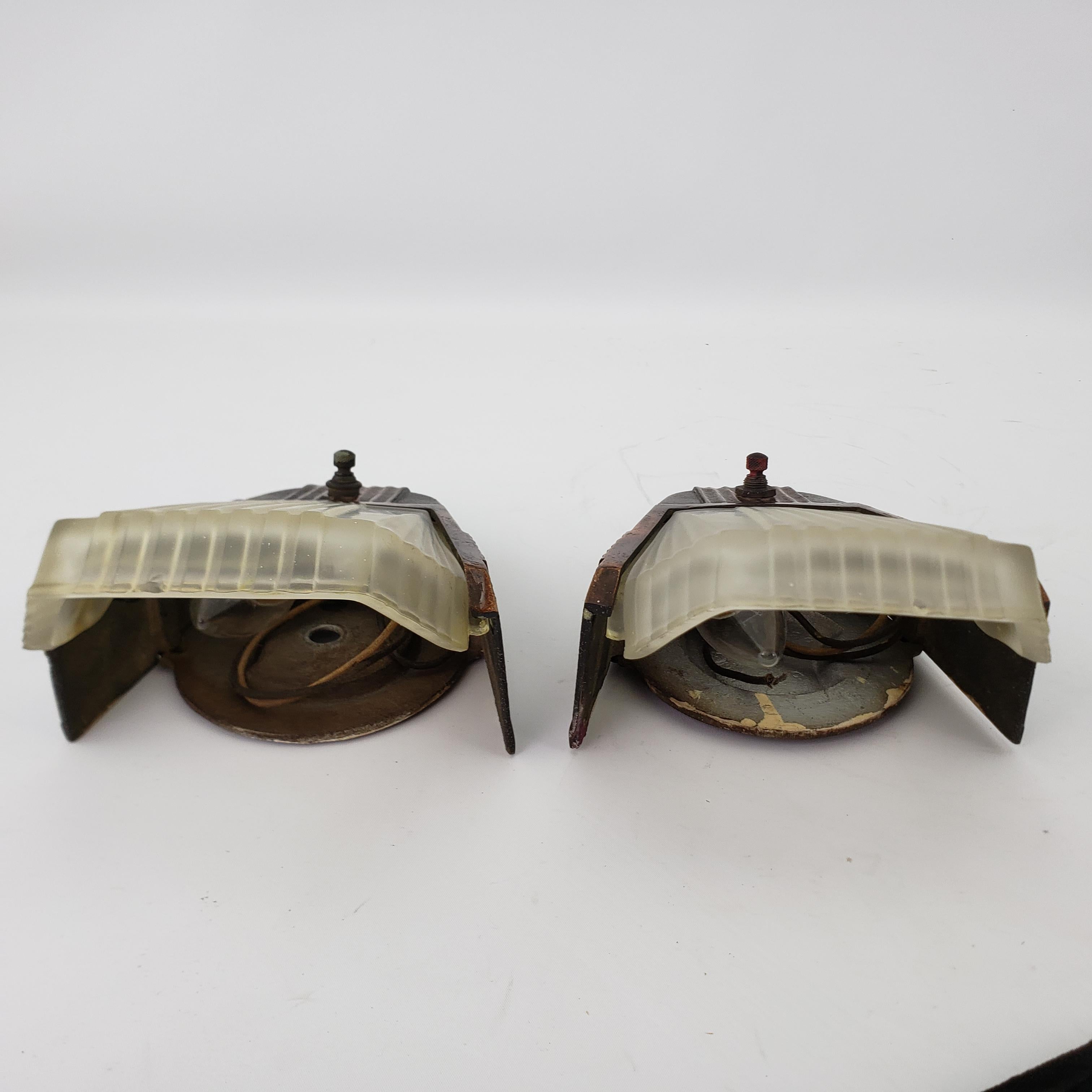 Pair of Art Deco Frosted Glass Fan Shaped Slip Shade Wall Sconces In Good Condition In Hamilton, Ontario