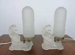 Pair of Art Deco Frosted Glass Figural Boudoir Lamps Attributed to McKee