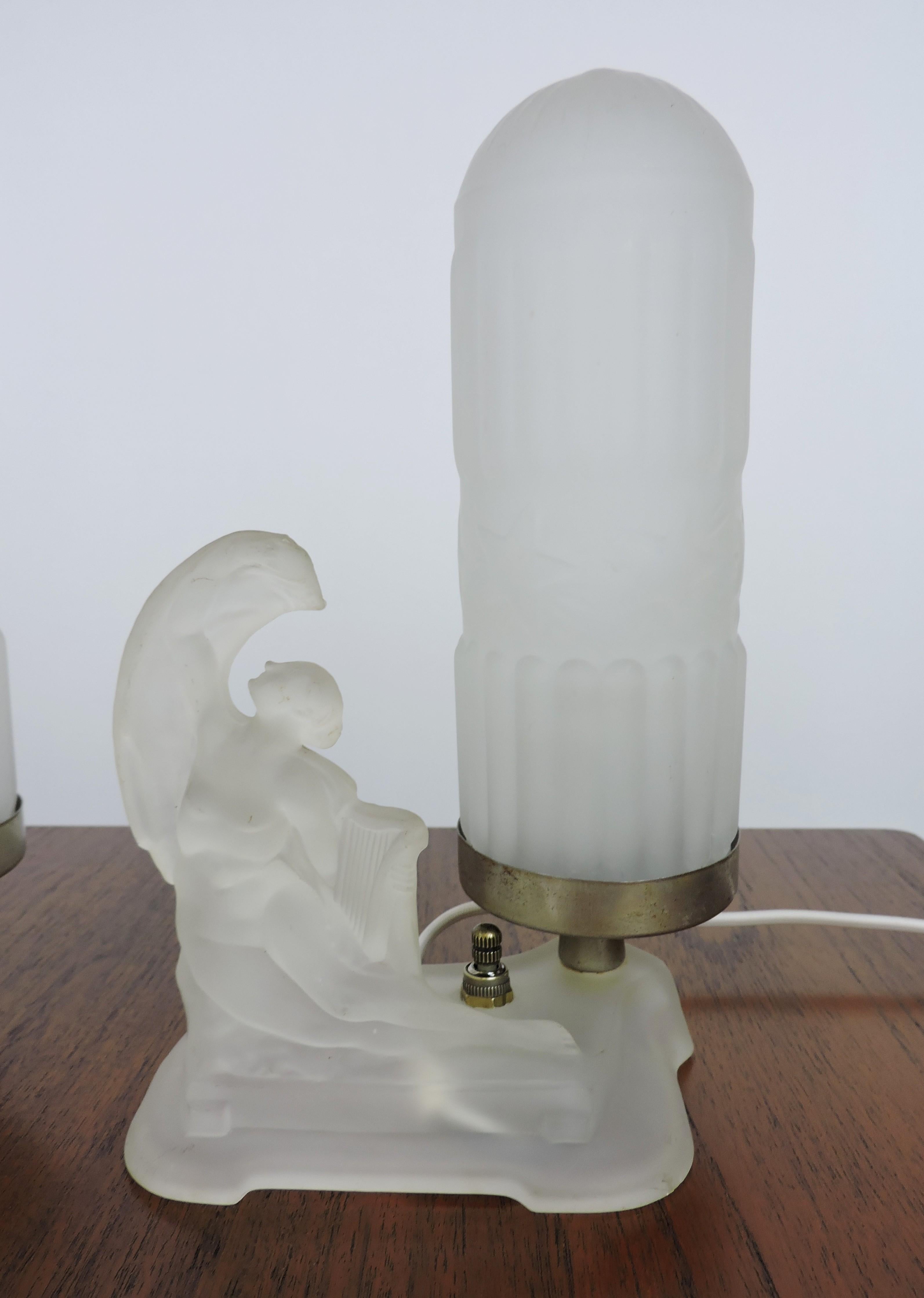 Cast Pair of Art Deco Frosted Glass Figural Boudoir Lamps Attributed to McKee For Sale