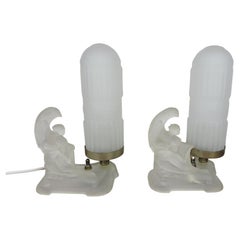 Vintage Pair of Art Deco Frosted Glass Figural Boudoir Lamps Attributed to McKee