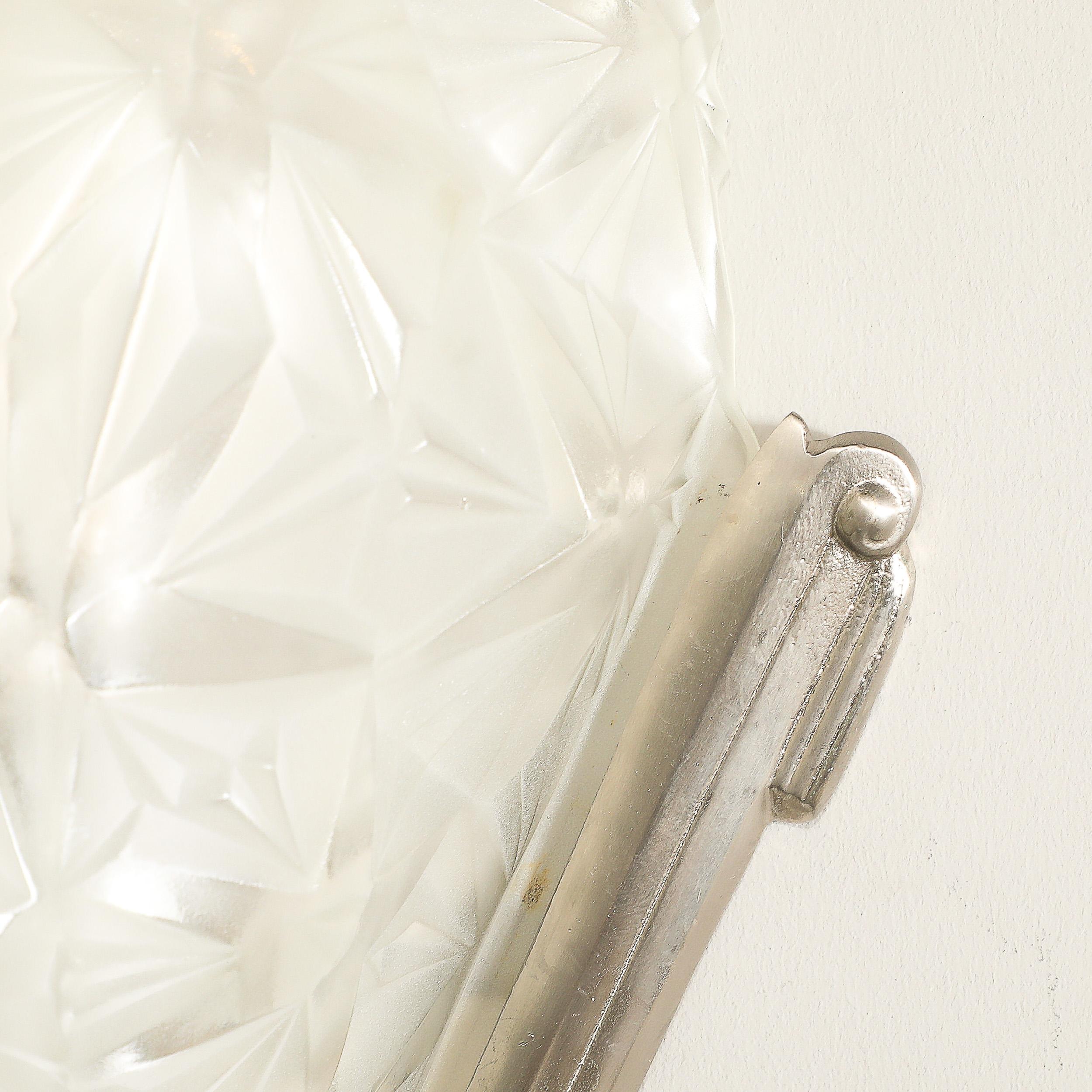 Pair of Art Deco Frosted Glass & Silvered Bronze Slip Shade Sconces signed Degué For Sale 5