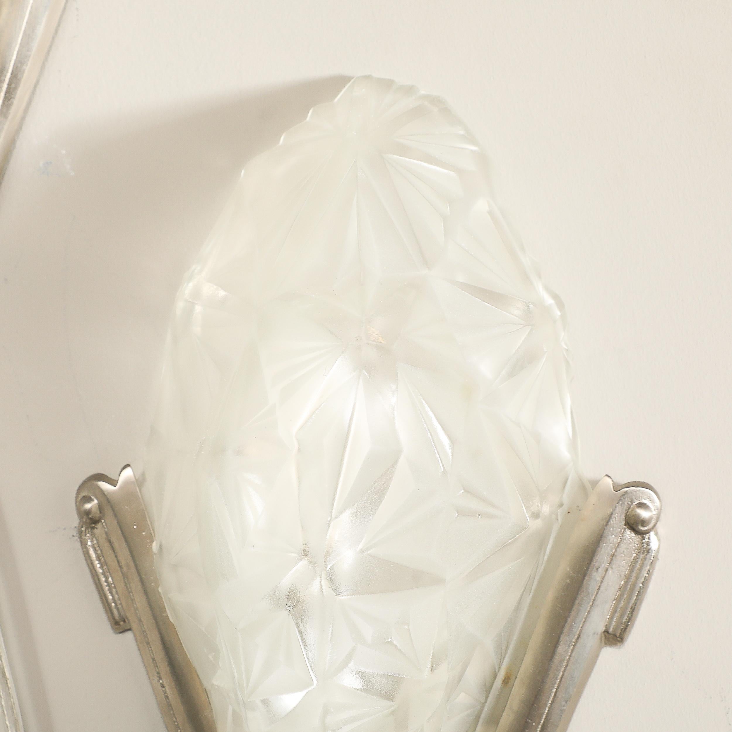 Pair of Art Deco Frosted Glass & Silvered Bronze Slip Shade Sconces signed Degué For Sale 6
