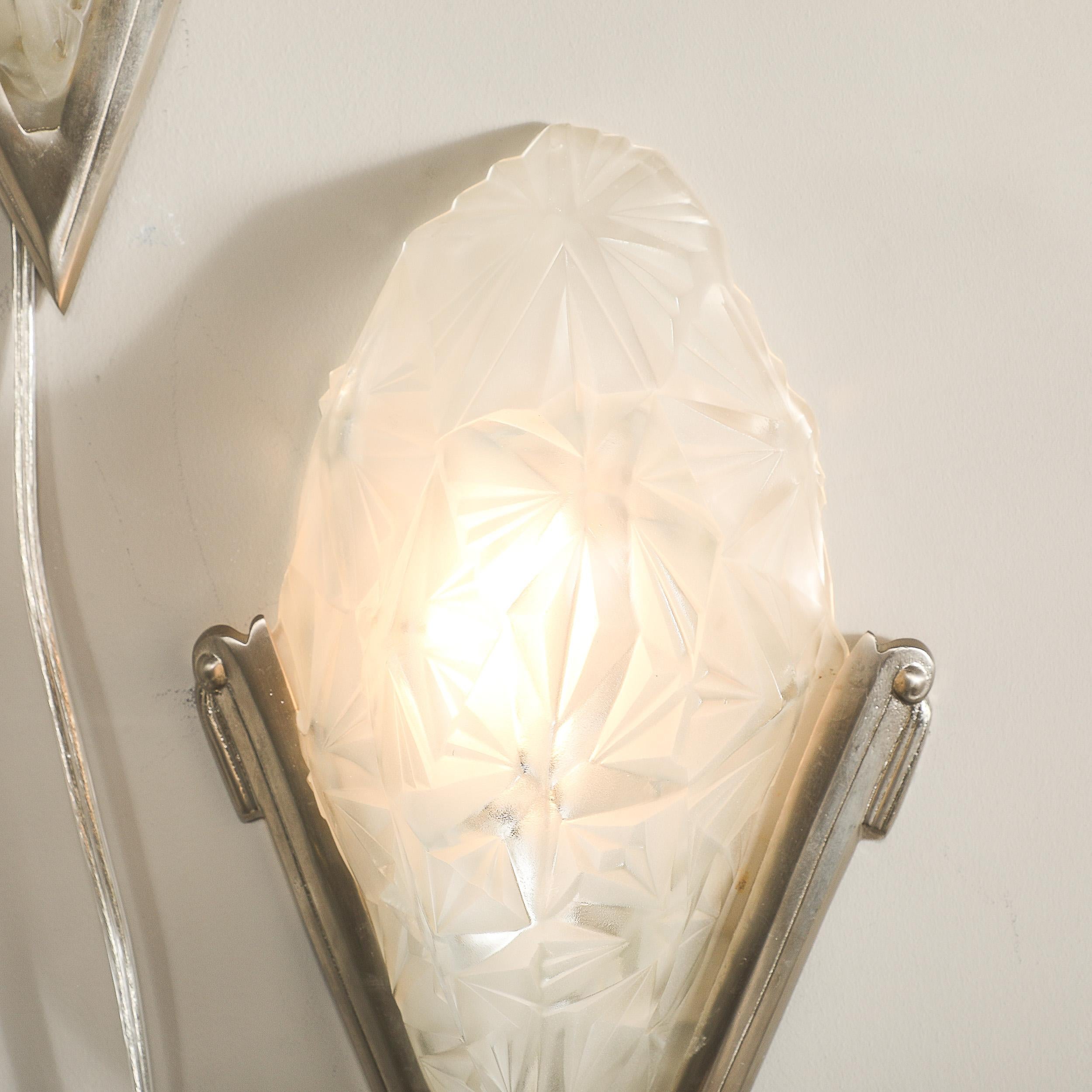 Pair of Art Deco Frosted Glass & Silvered Bronze Slip Shade Sconces signed Degué For Sale 7