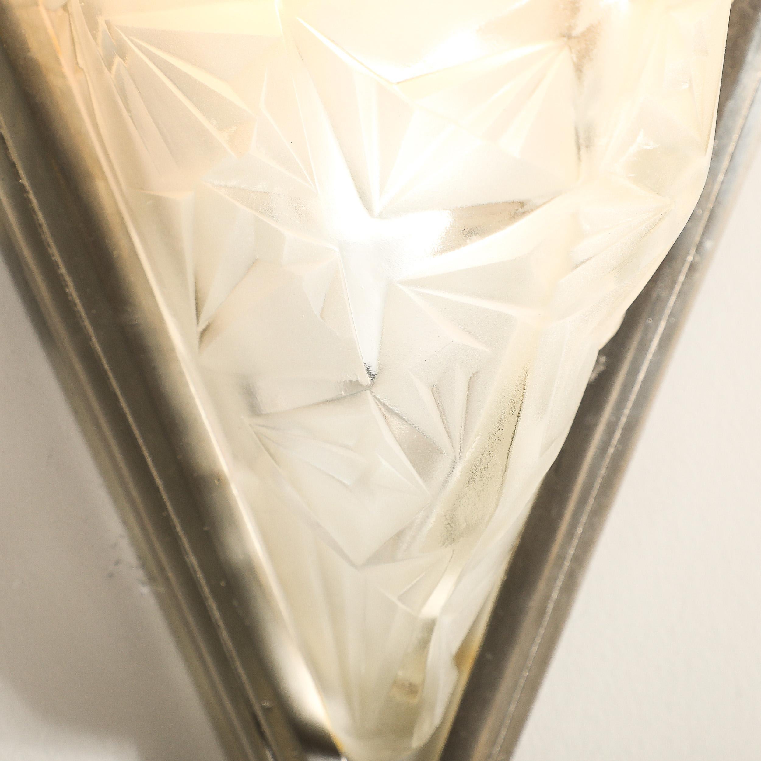 Pair of Art Deco Frosted Glass & Silvered Bronze Slip Shade Sconces signed Degué For Sale 8