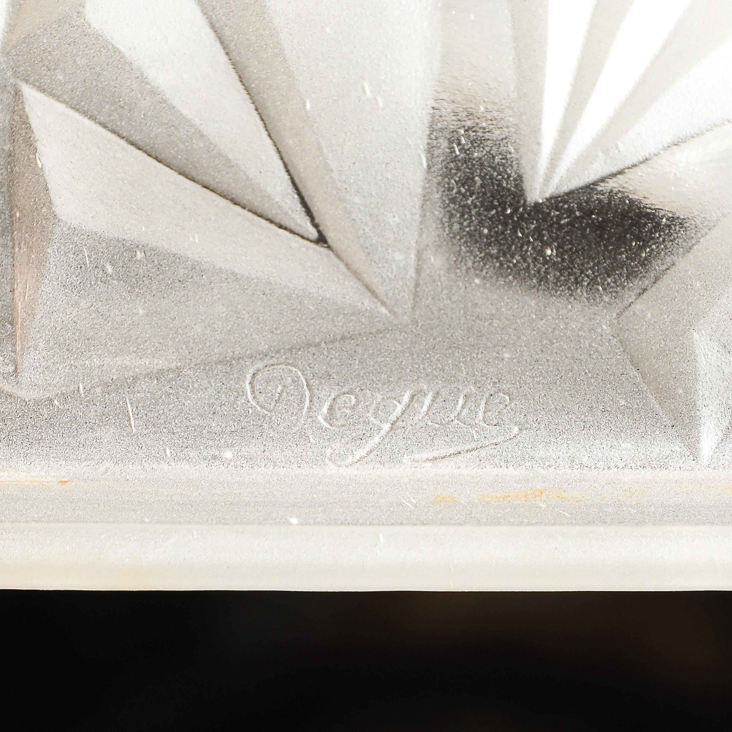 Pair of Art Deco Frosted Glass & Silvered Bronze Slip Shade Sconces signed Degué For Sale 9