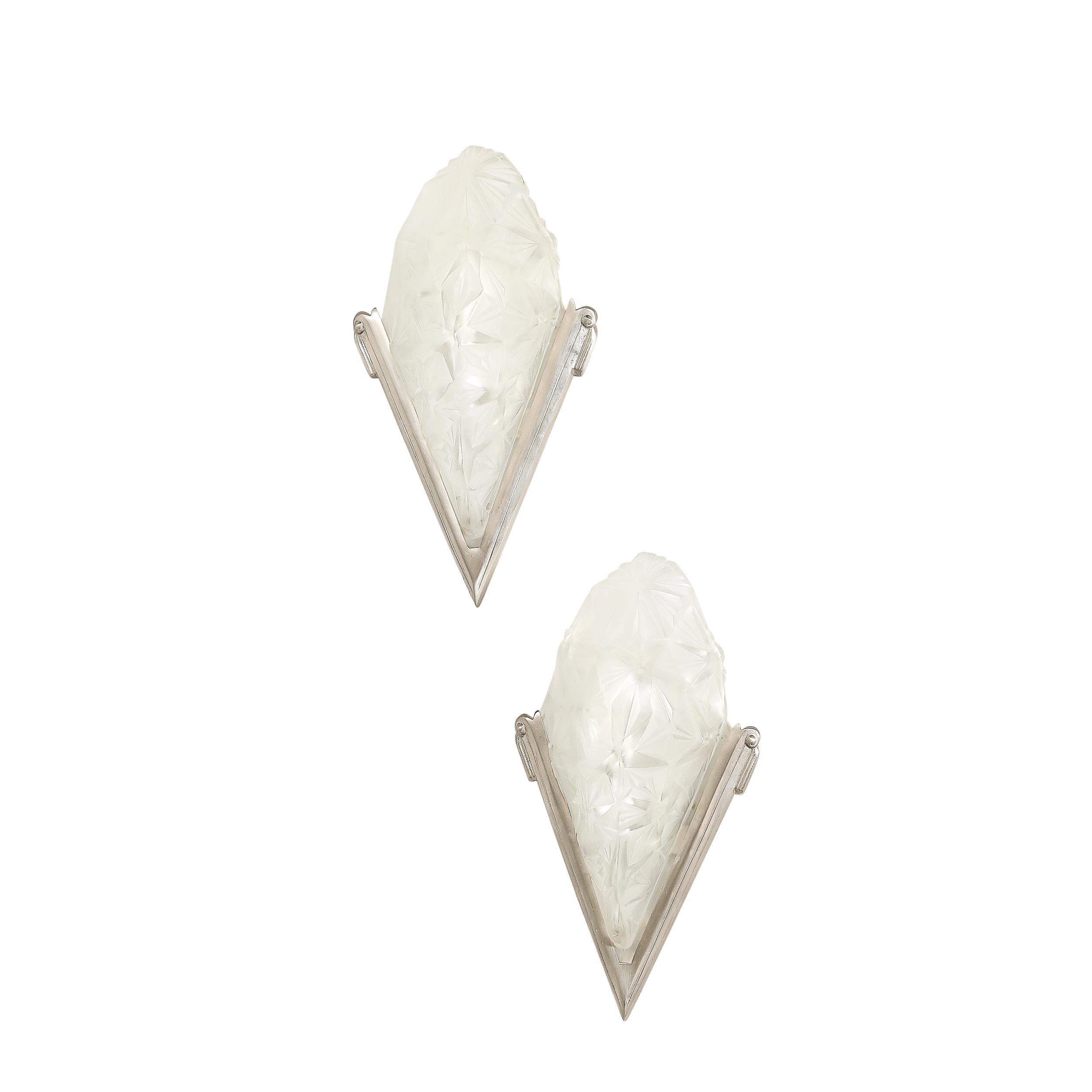 French Pair of Art Deco Frosted Glass & Silvered Bronze Slip Shade Sconces signed Degué For Sale