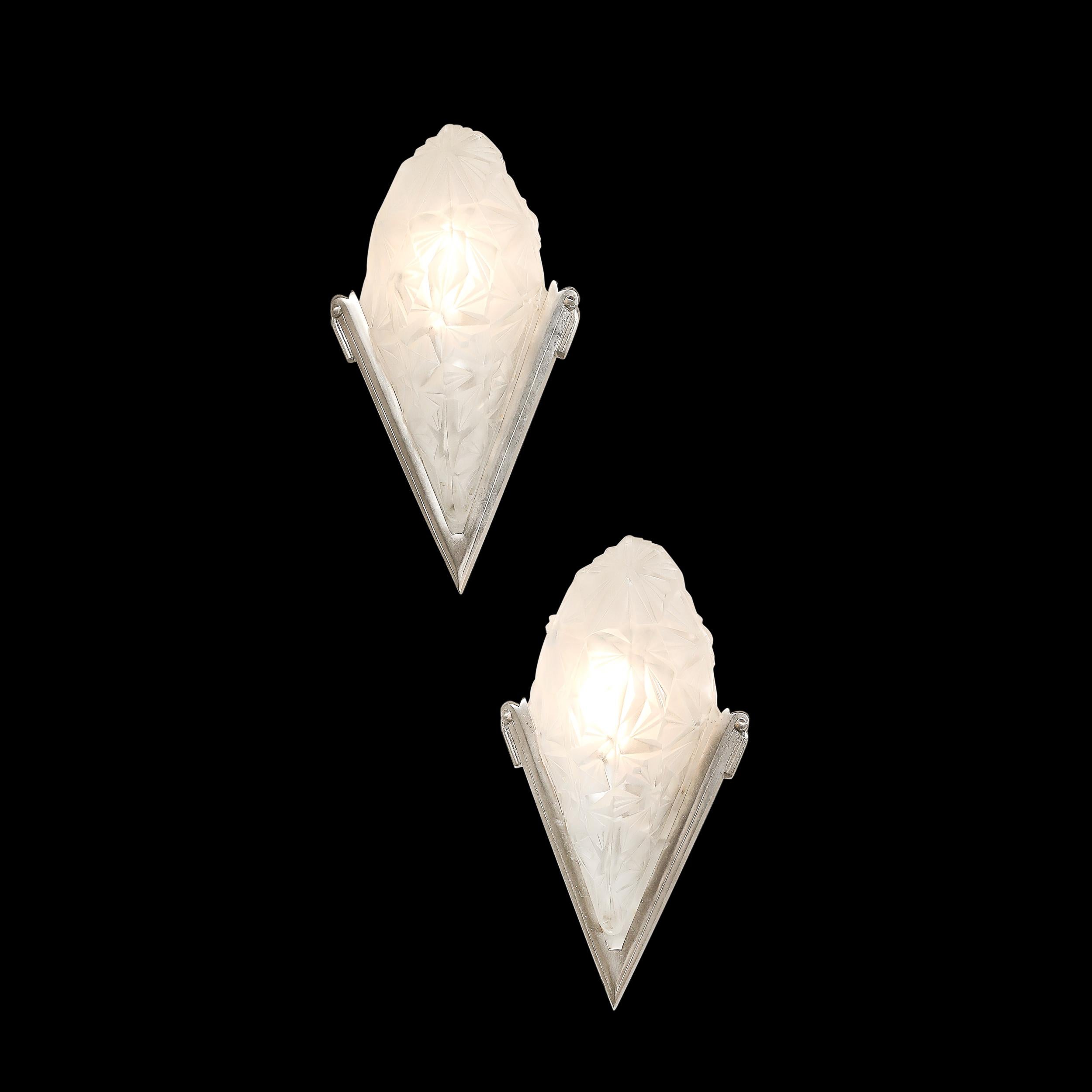 Pair of Art Deco Frosted Glass & Silvered Bronze Slip Shade Sconces signed Degué In Excellent Condition For Sale In New York, NY