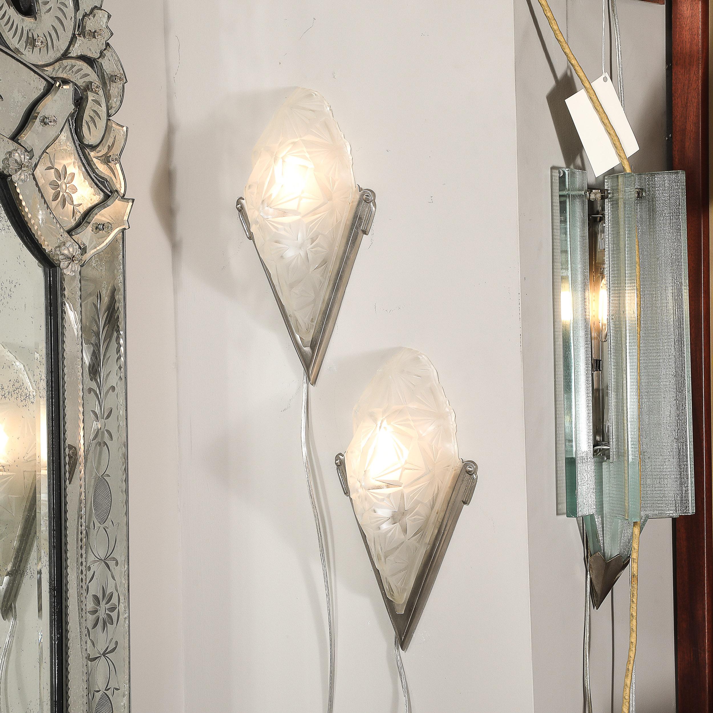 Mid-20th Century Pair of Art Deco Frosted Glass & Silvered Bronze Slip Shade Sconces signed Degué For Sale
