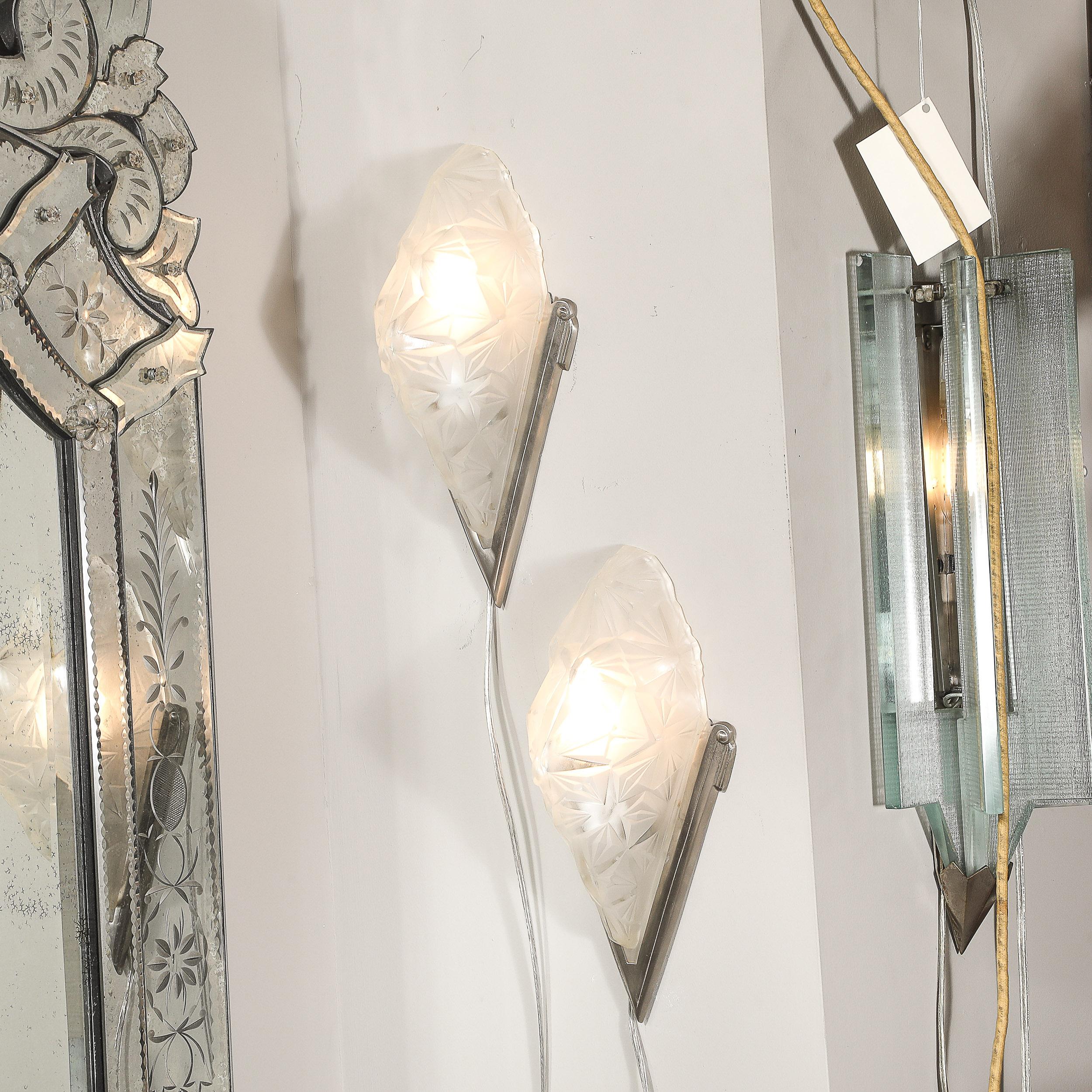 Pair of Art Deco Frosted Glass & Silvered Bronze Slip Shade Sconces signed Degué For Sale 1