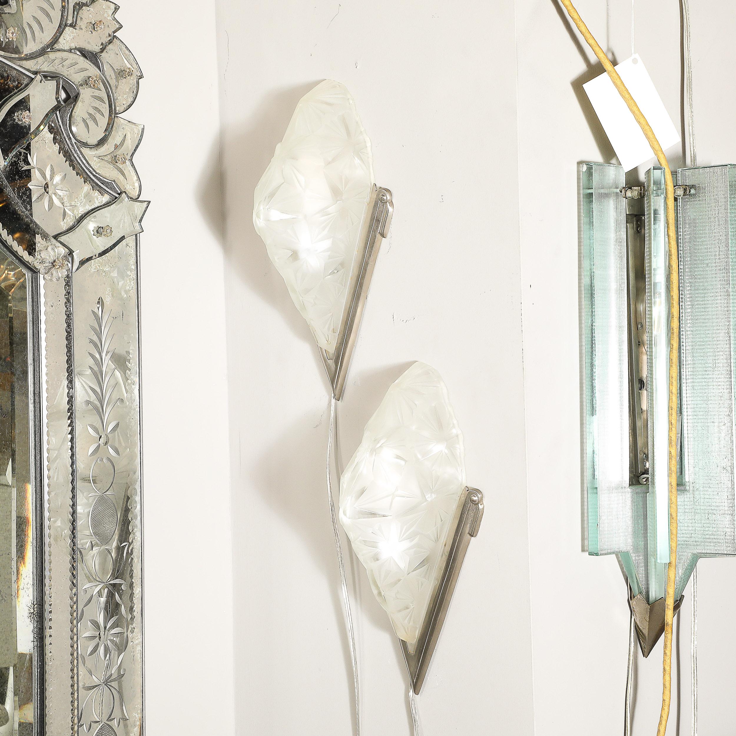 Pair of Art Deco Frosted Glass & Silvered Bronze Slip Shade Sconces signed Degué For Sale 2