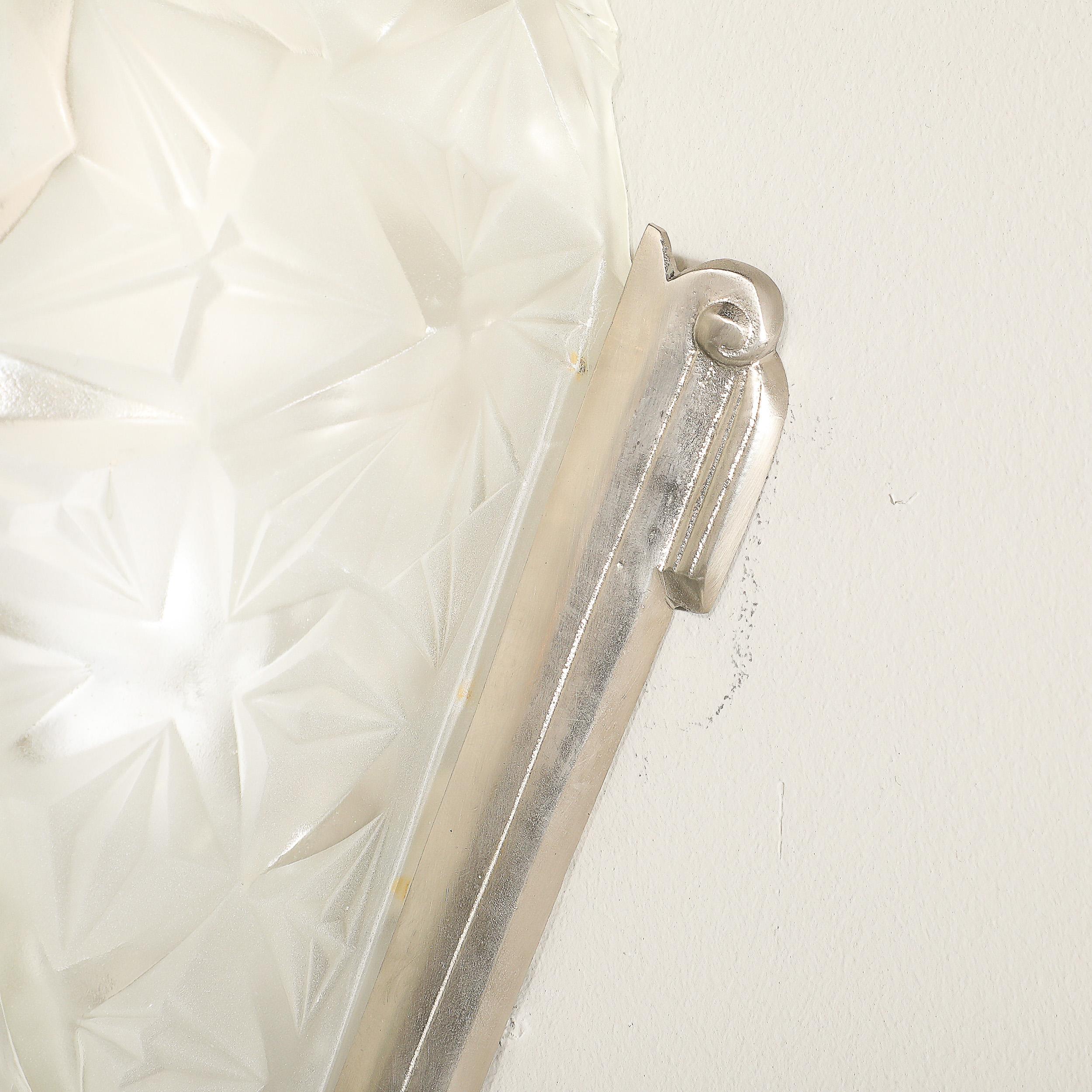 Pair of Art Deco Frosted Glass & Silvered Bronze Slip Shade Sconces signed Degué For Sale 3
