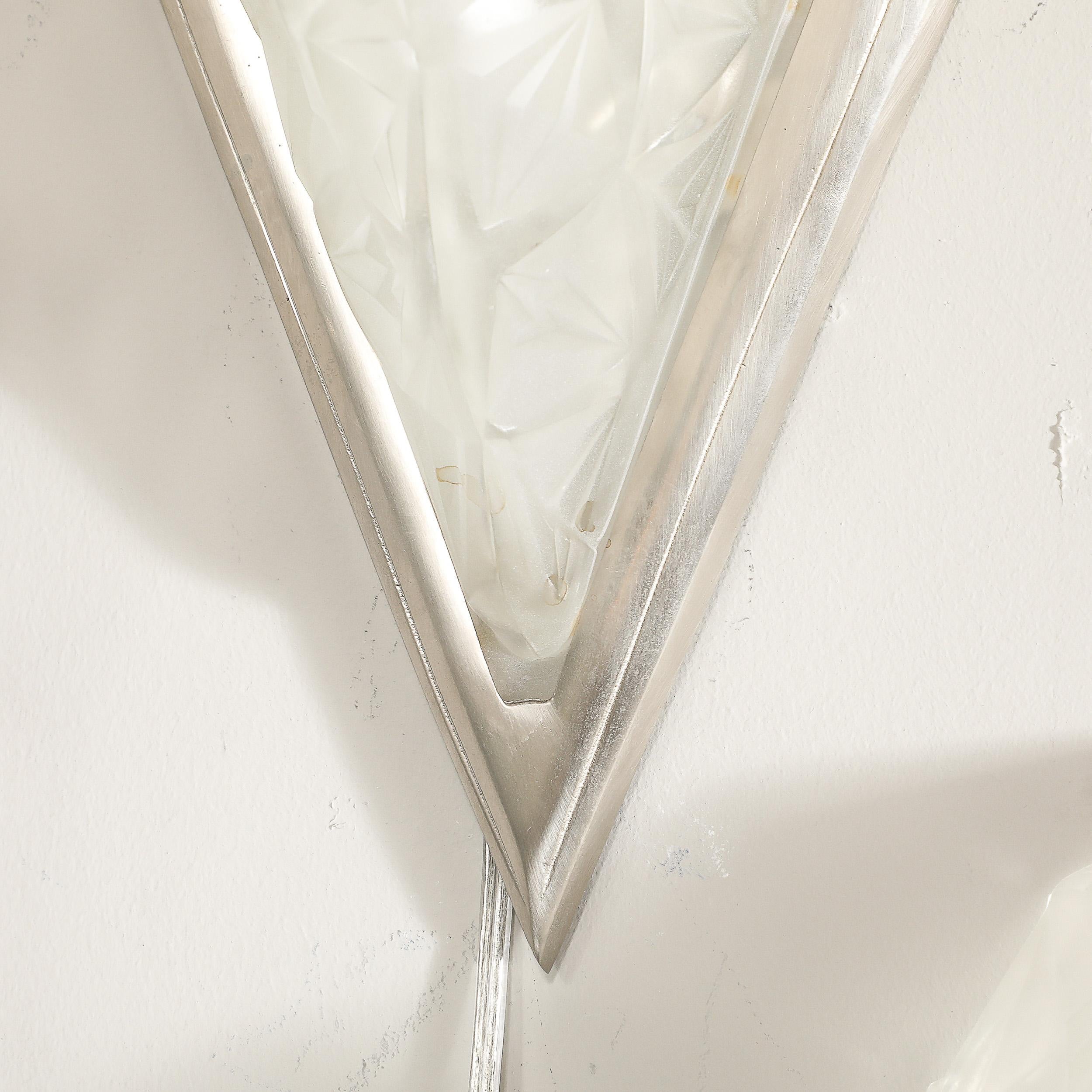 Pair of Art Deco Frosted Glass & Silvered Bronze Slip Shade Sconces signed Degué For Sale 4