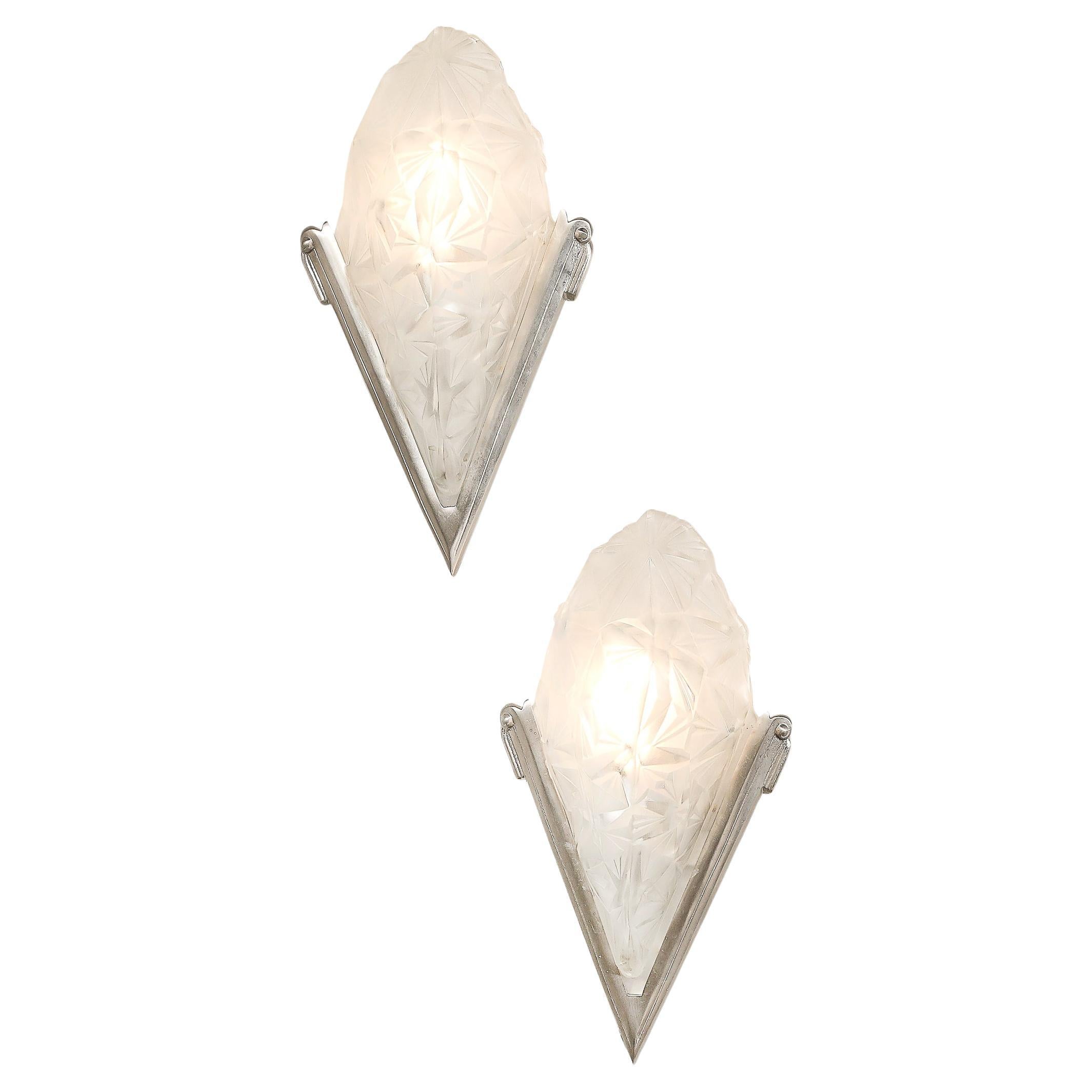 Pair of Art Deco Frosted Glass & Silvered Bronze Slip Shade Sconces signed Degué For Sale