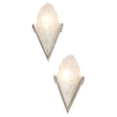 Pair of Art Deco Frosted Glass & Silvered Bronze Slip Shade Sconces signed Degué