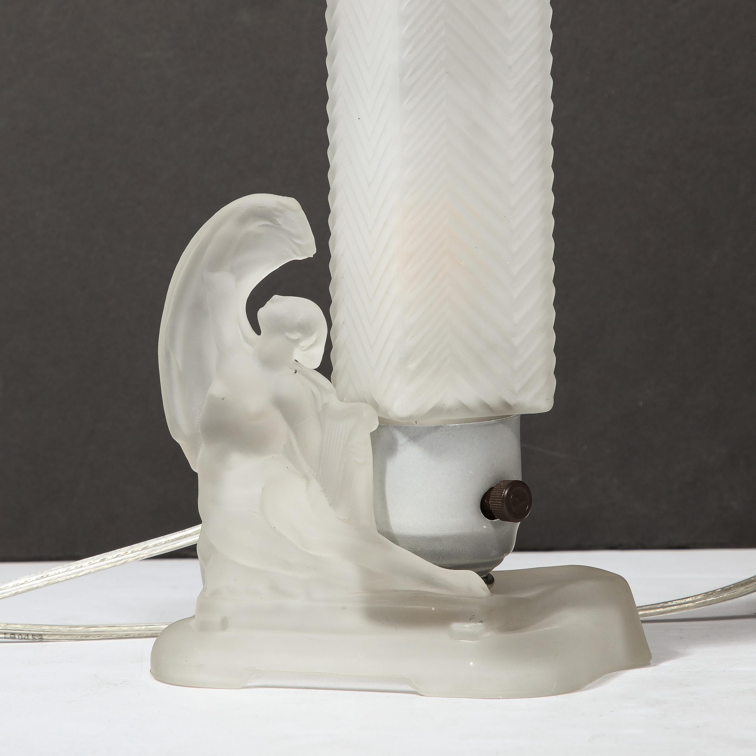 Pair of Art Deco Frosted Glass Table Lamps with Draped Female & Zig Zag Motif For Sale 5