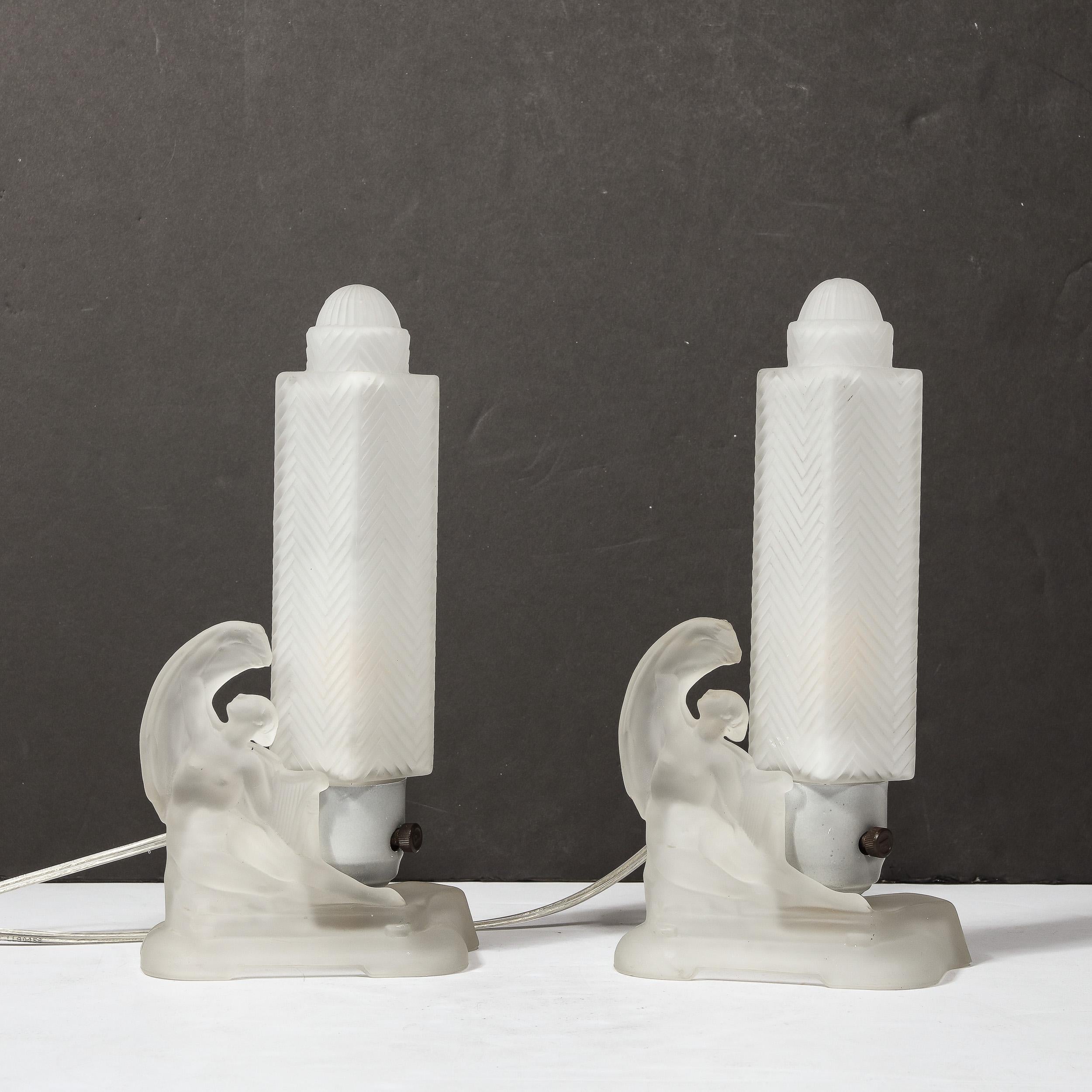 Pair of Art Deco Frosted Glass Table Lamps with Draped Female & Zig Zag Motif For Sale 6