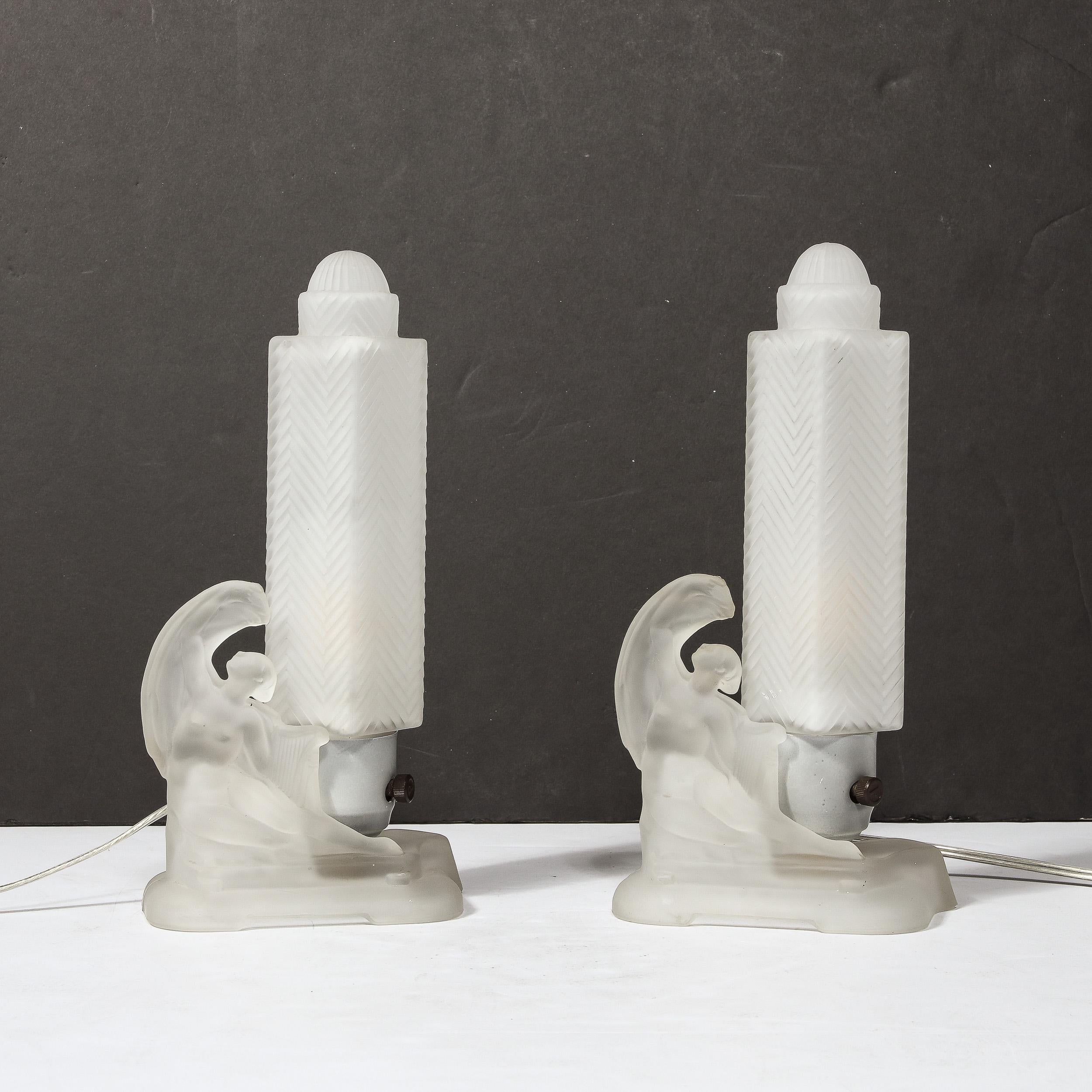 Pair of Art Deco Frosted Glass Table Lamps with Draped Female & Zig Zag Motif For Sale 8