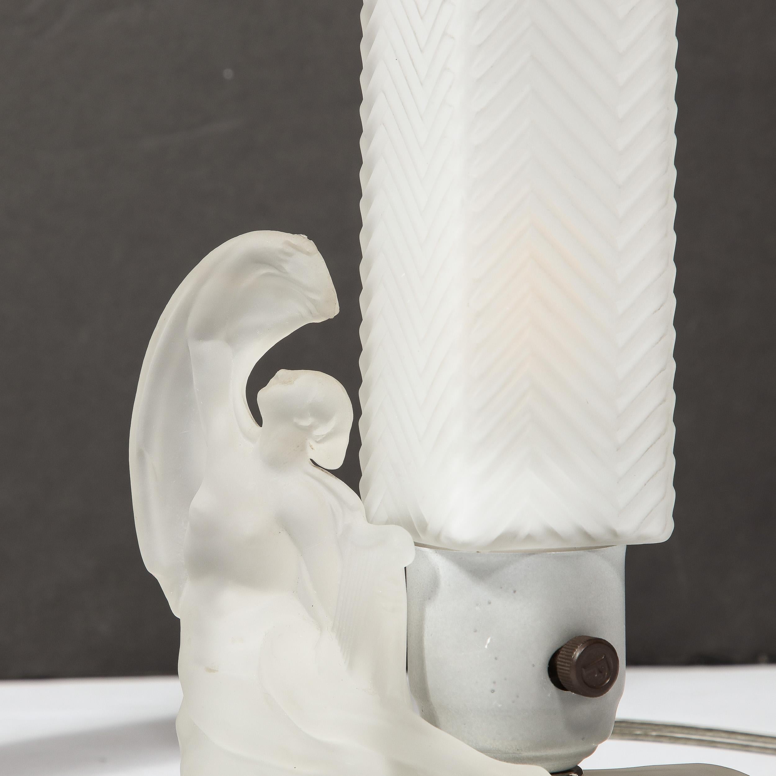Pair of Art Deco Frosted Glass Table Lamps with Draped Female & Zig Zag Motif For Sale 10
