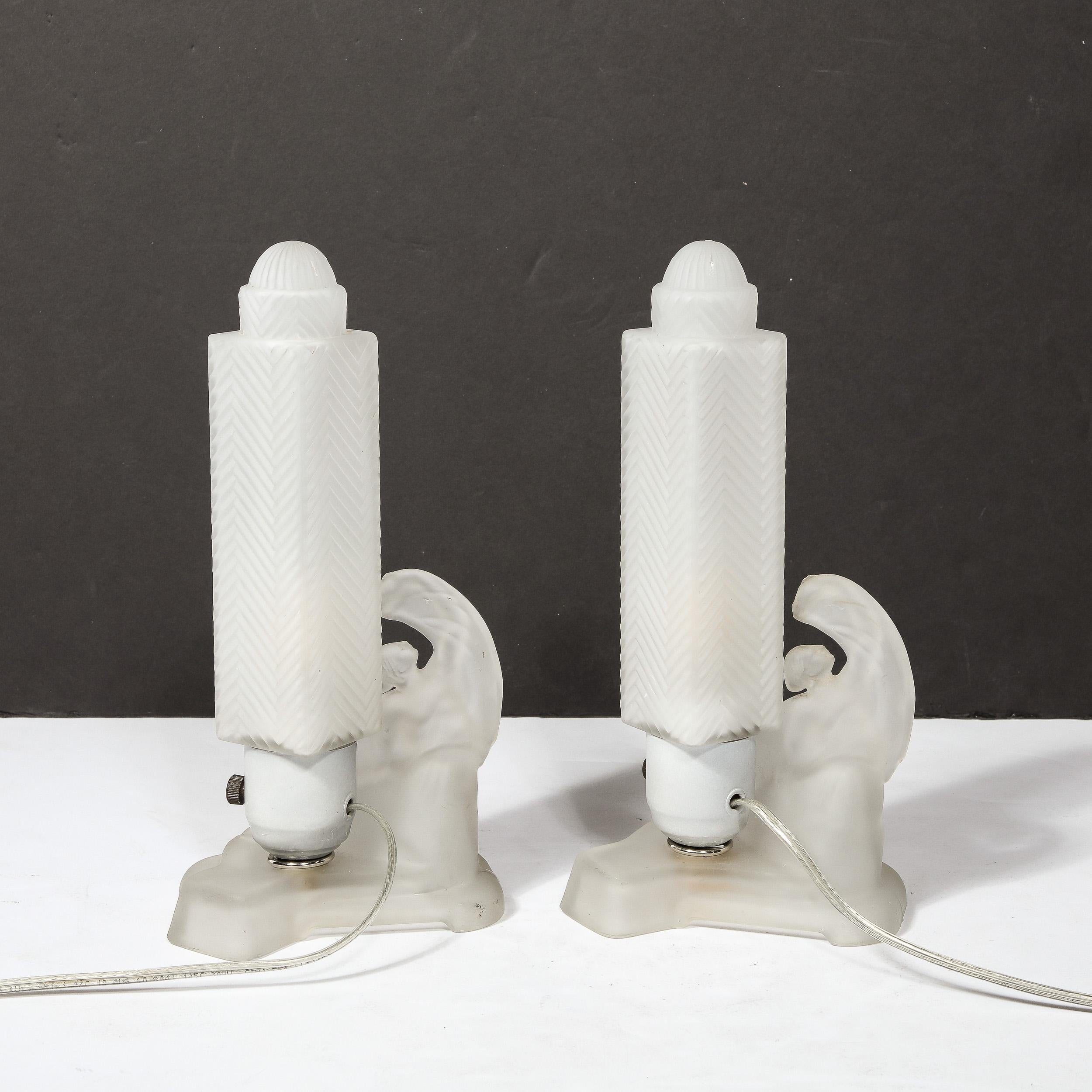 Pair of Art Deco Frosted Glass Table Lamps with Draped Female & Zig Zag Motif For Sale 12