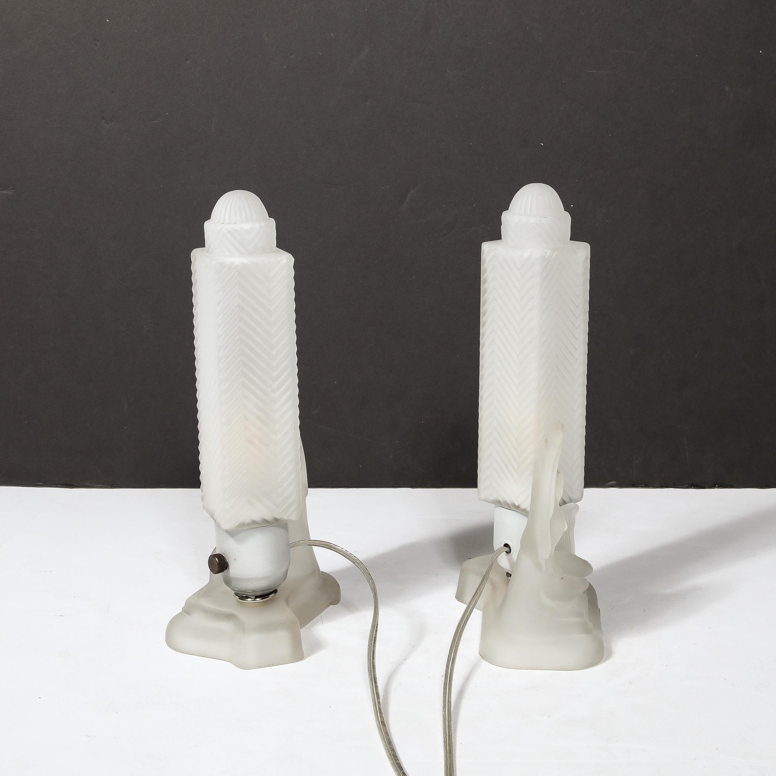 Pair of Art Deco Frosted Glass Table Lamps with Draped Female & Zig Zag Motif For Sale 13