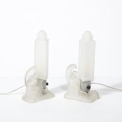Pair of Art Deco Frosted Glass Table Lamps with Draped Female & Zig Zag Motif