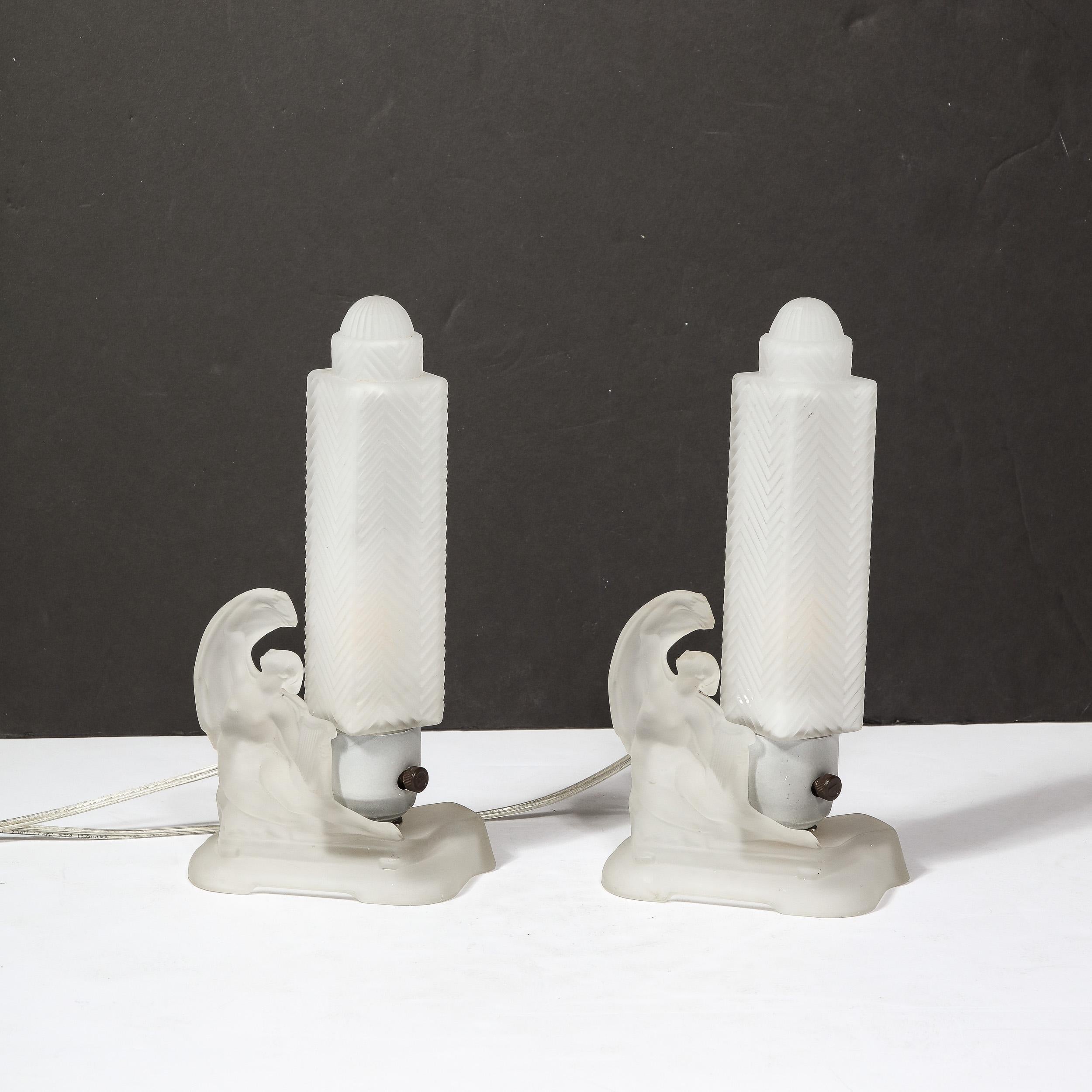 Pair of Art Deco Frosted Glass Table Lamps with Draped Female & Zig Zag Motif For Sale 2