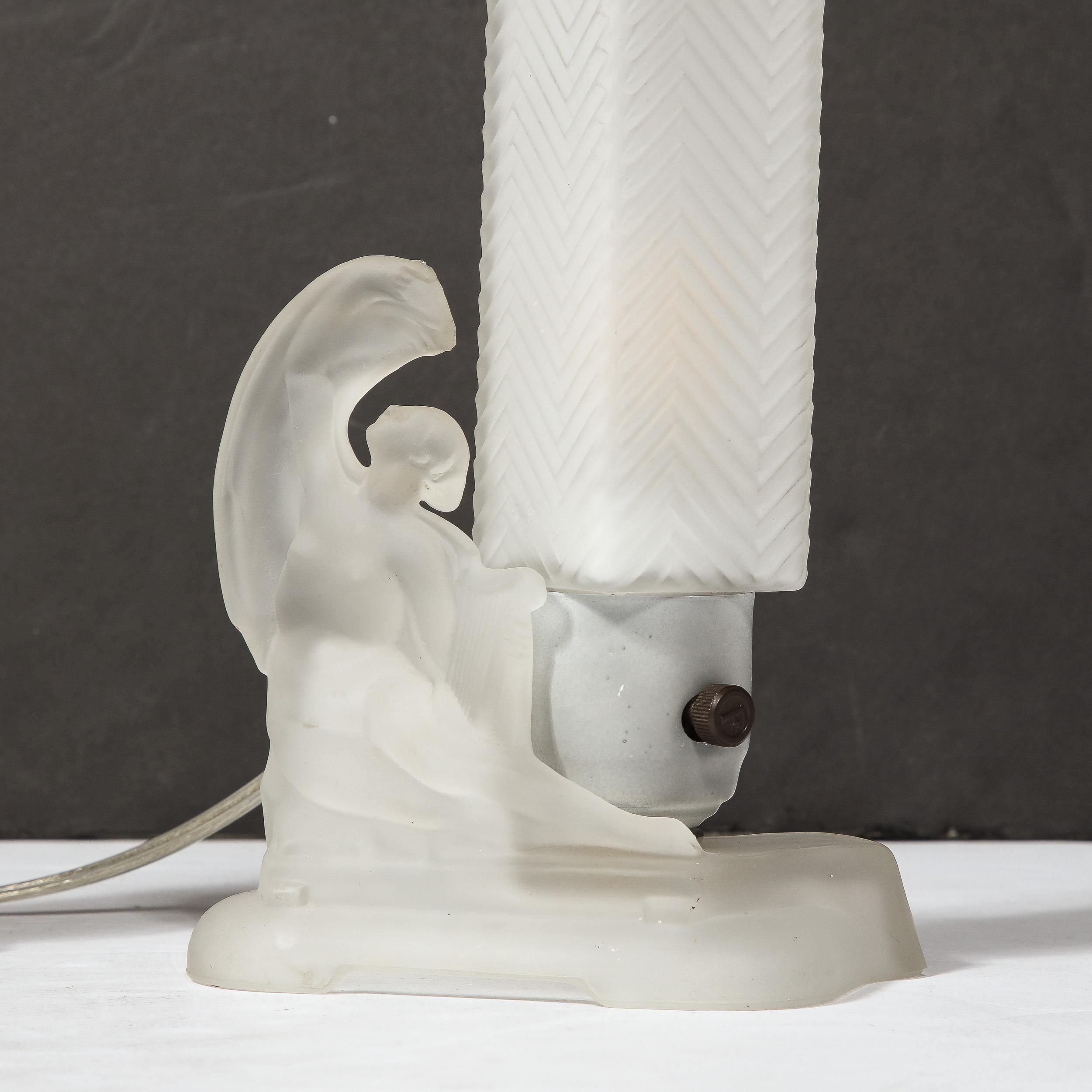 Pair of Art Deco Frosted Glass Table Lamps with Draped Female & Zig Zag Motif For Sale 3