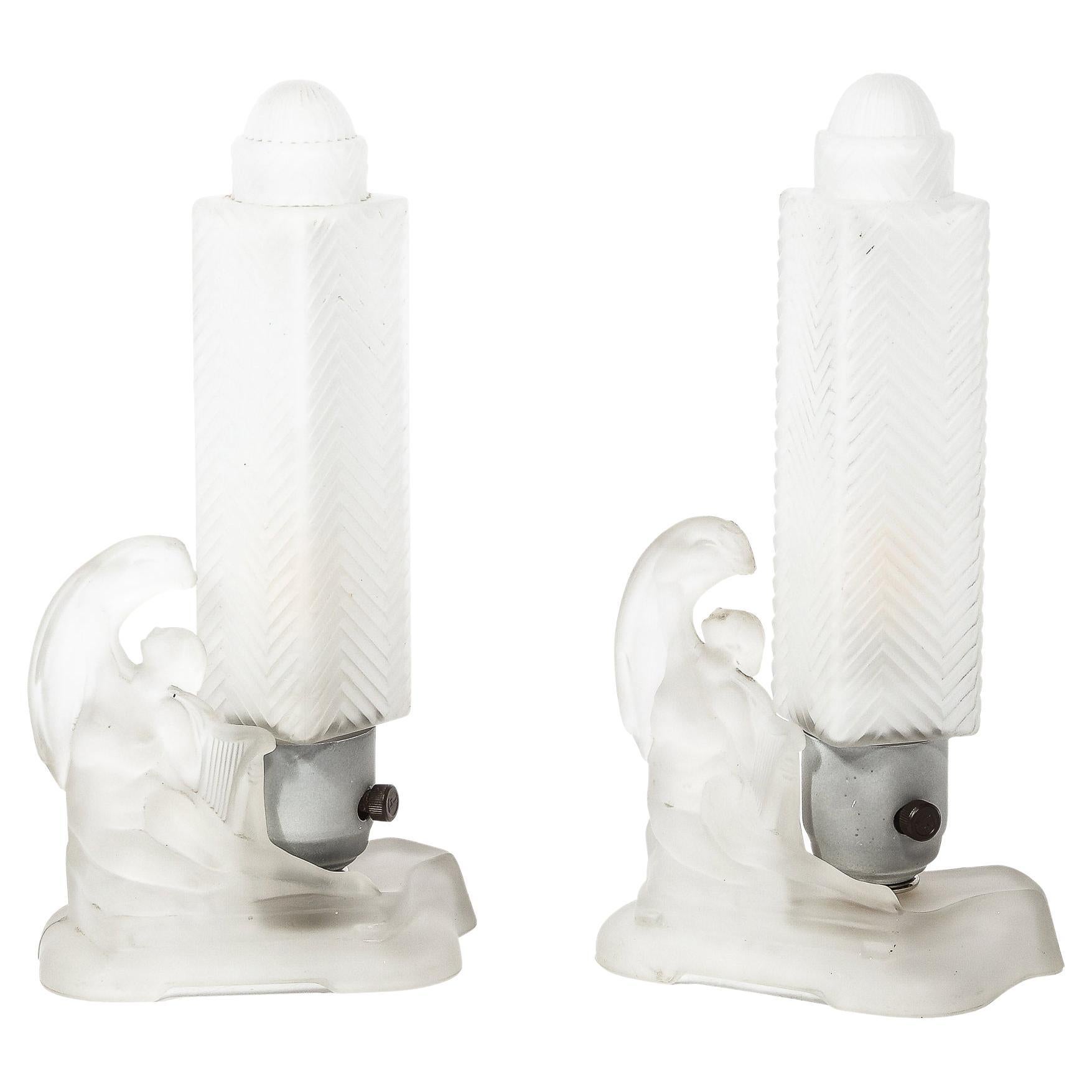 Pair of Art Deco Frosted Glass Table Lamps with Draped Female & Zig Zag Motif For Sale