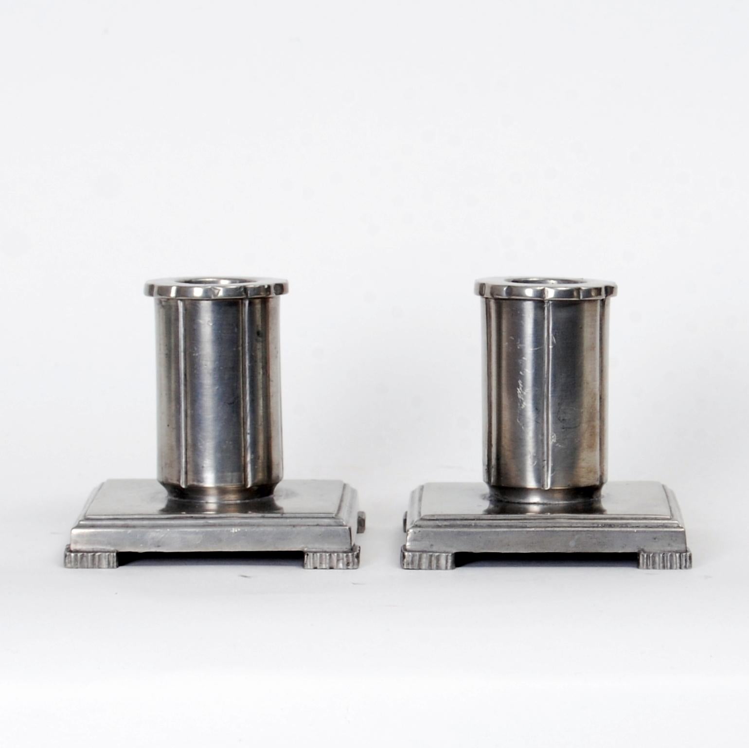 Swedish Pair of Art Deco GAB Candleholders in Pewter Attributed to Jacob Ängman, 1933
