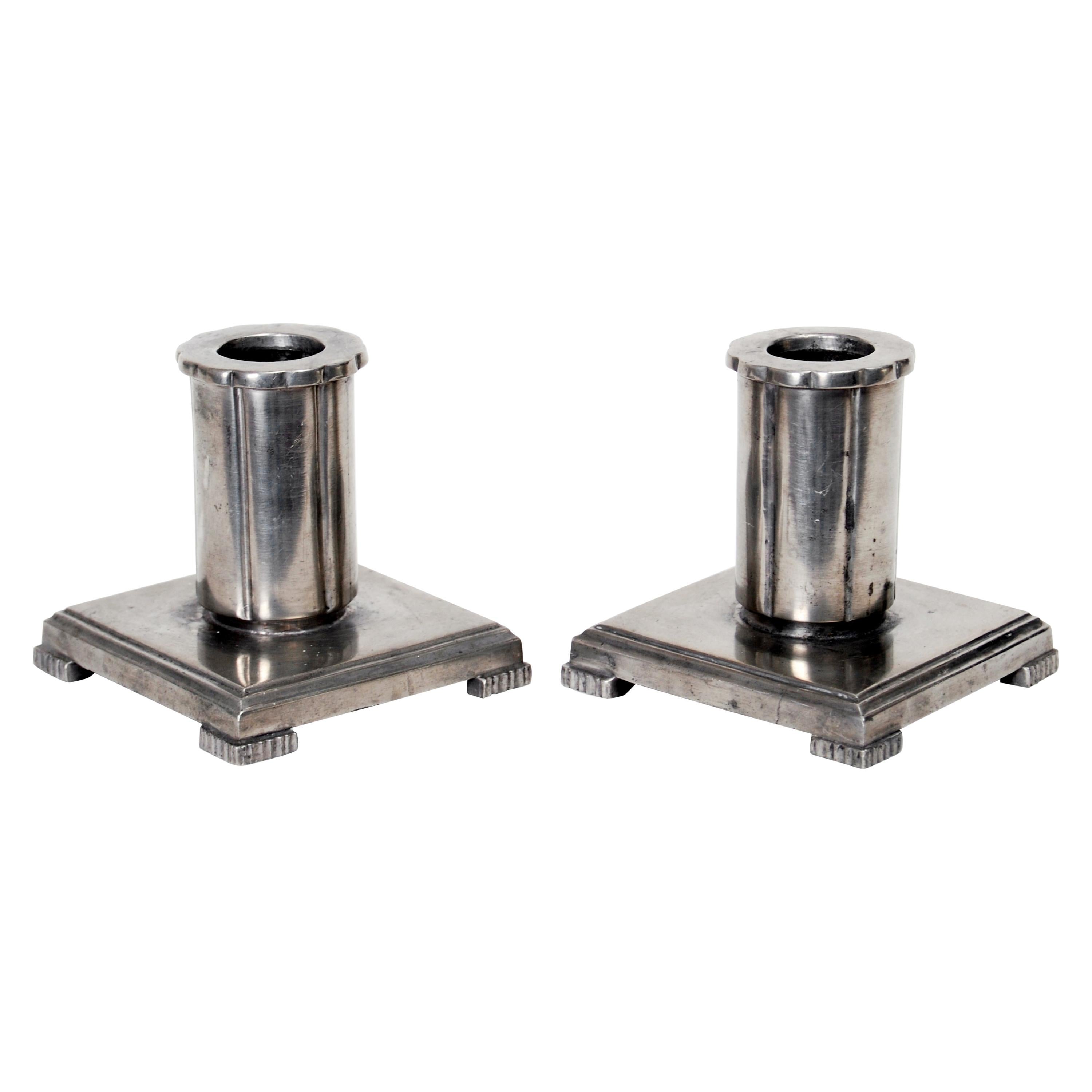 Pair of Art Deco GAB Candleholders in Pewter Attributed to Jacob Ängman, 1933
