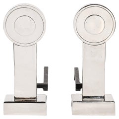 Pair of Art Deco Geometric Polished Nickel Andirons