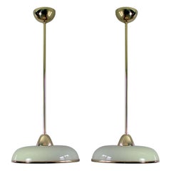 Pair of Art Deco German Bauhaus Art Deco Cream Opaline Glass and Brass Pendants