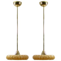 Pair of Art Deco German Bauhaus Art Deco Opaline Glass and Brass Pendants, 1930s