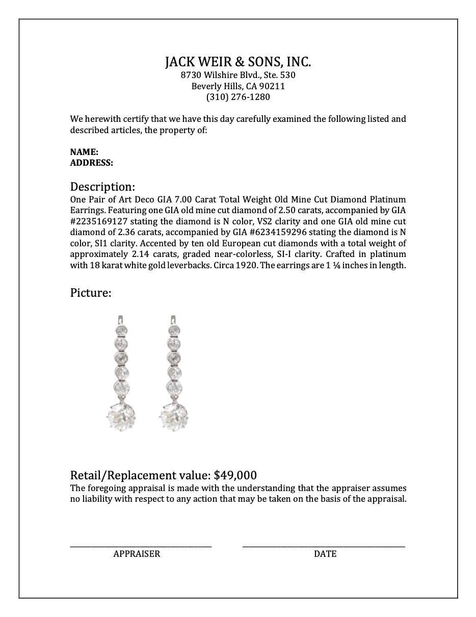 Pair of Art Deco GIA 7.00 Carat Total Weight Old Mine Cut Diamond Platinum Earri For Sale 5
