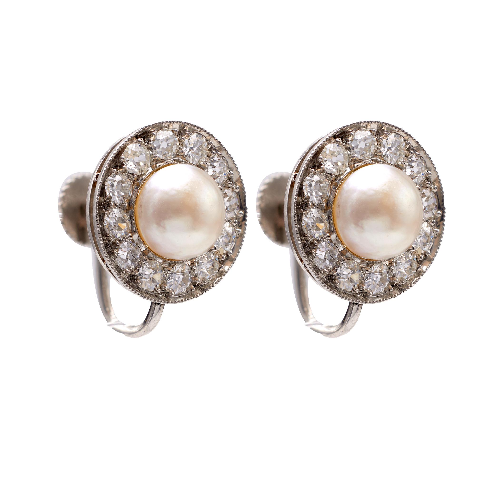Women's or Men's Pair of Art Deco GIA Pearl and Diamond Platinum Earrings For Sale
