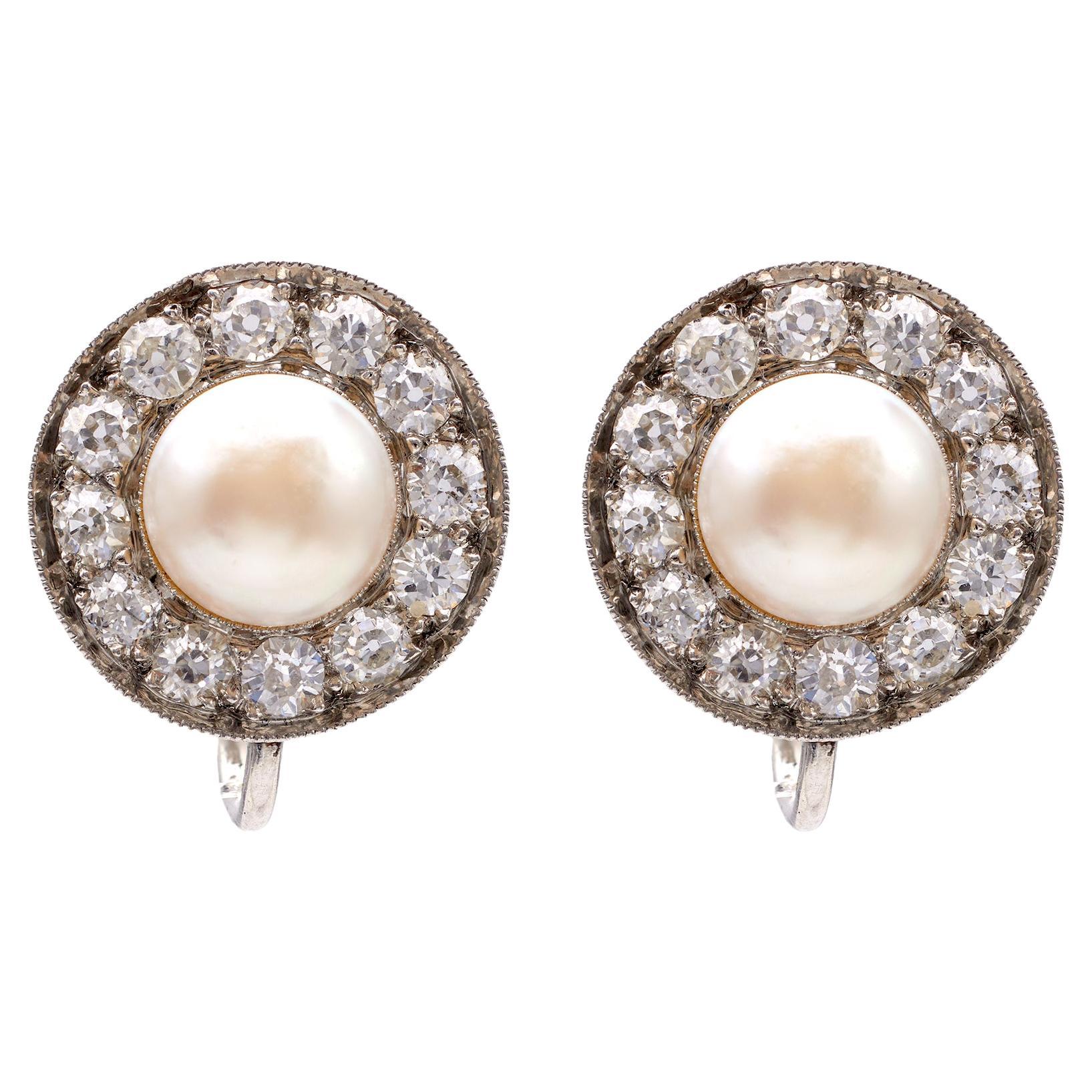 Pair of Art Deco GIA Pearl and Diamond Platinum Earrings For Sale