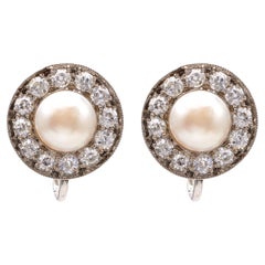 Antique Pair of Art Deco GIA Pearl and Diamond Platinum Earrings
