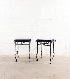 Pair of Art Deco Giacometti Style Wrought Iron and Granite Side Tables