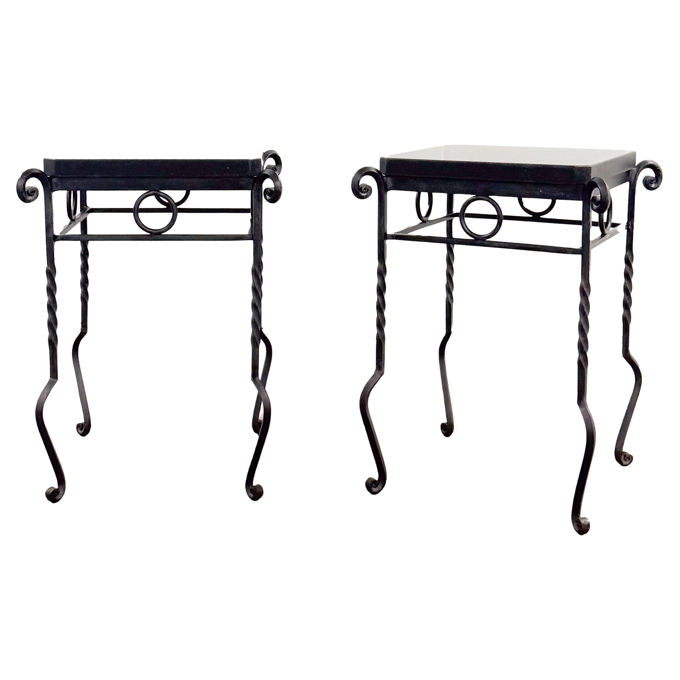 Pair of Art Deco Giacometti Style Wrought Iron and Granite Side Tables
