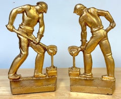 Pair of Art Deco Gilt Iron WPA Style Foundry Men Bookends Signed NMF 1936